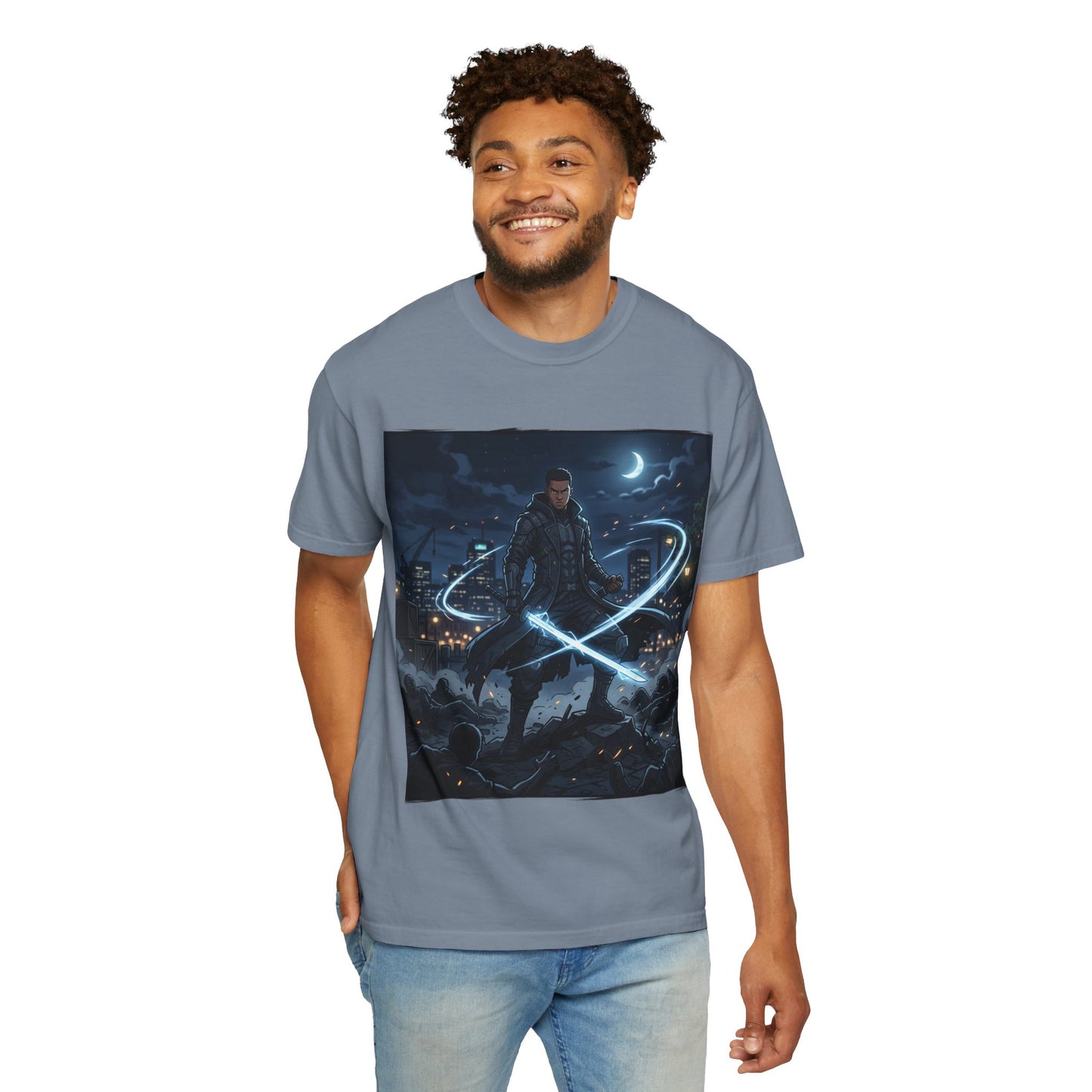 Urban Night Warrior T-Shirt — Neon Samurai Cityscape