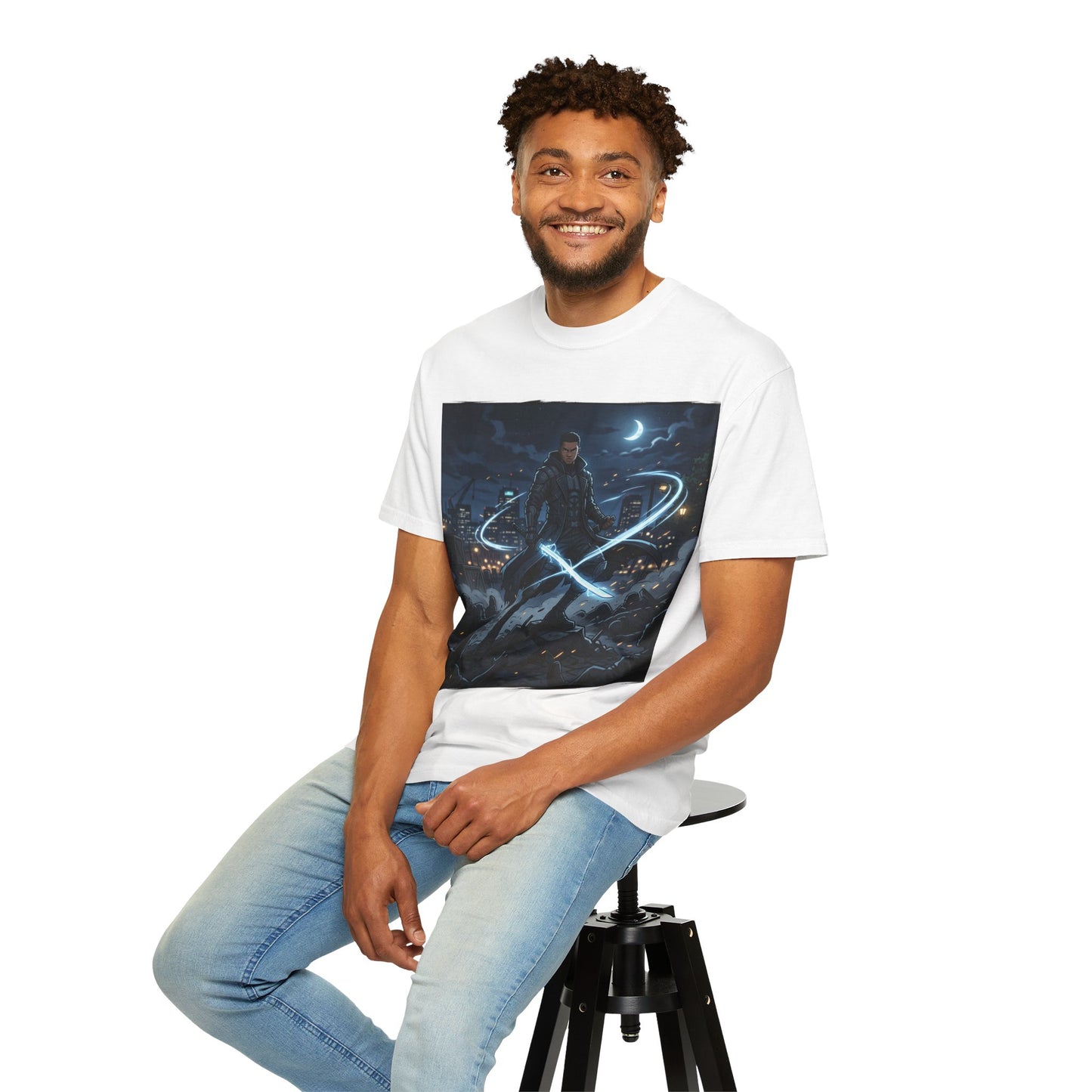 Urban Night Warrior T-Shirt — Neon Samurai Cityscape