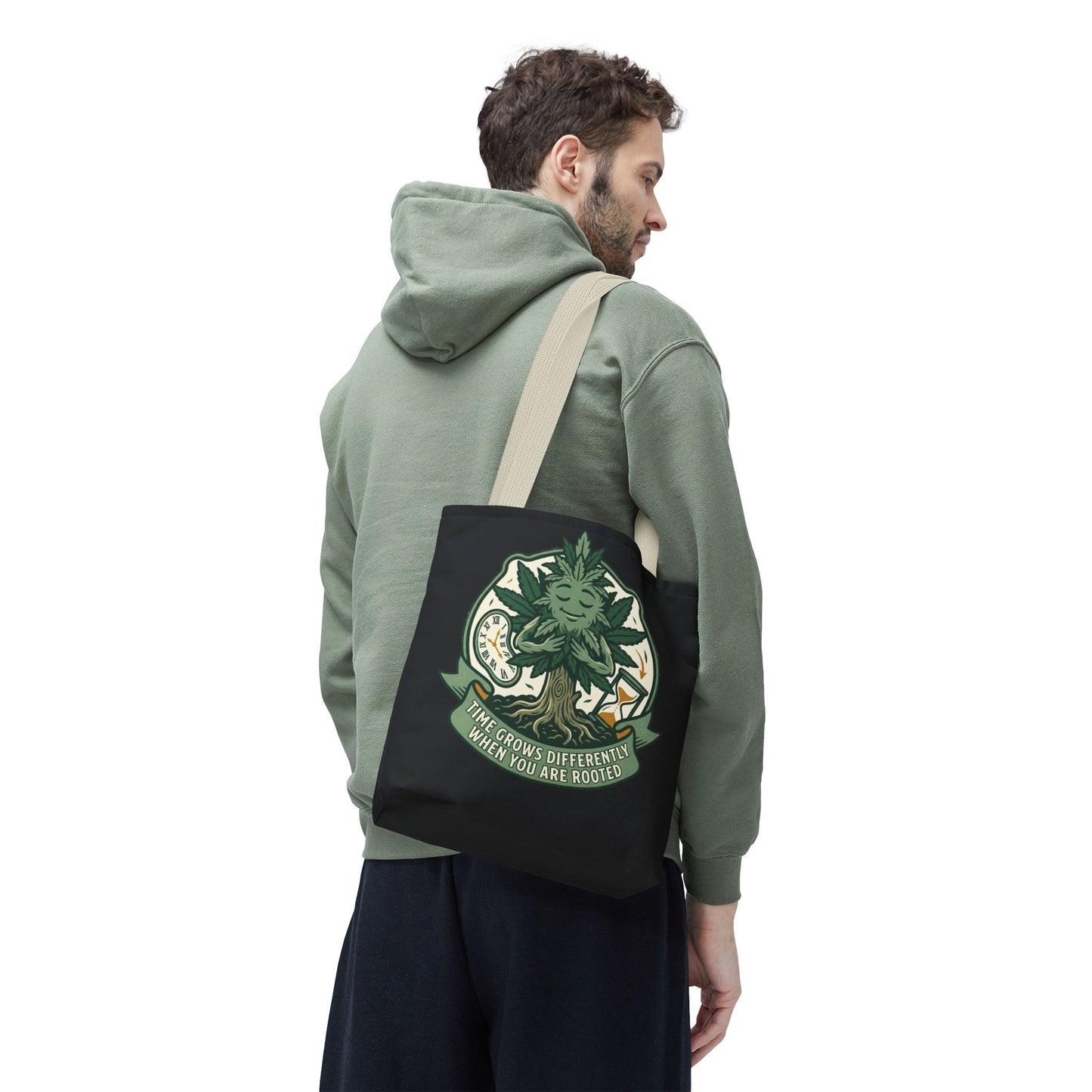 Rooted Tree Spirit Tote Bag — “Time Grows Different When You Are Rooted” Eco Tote