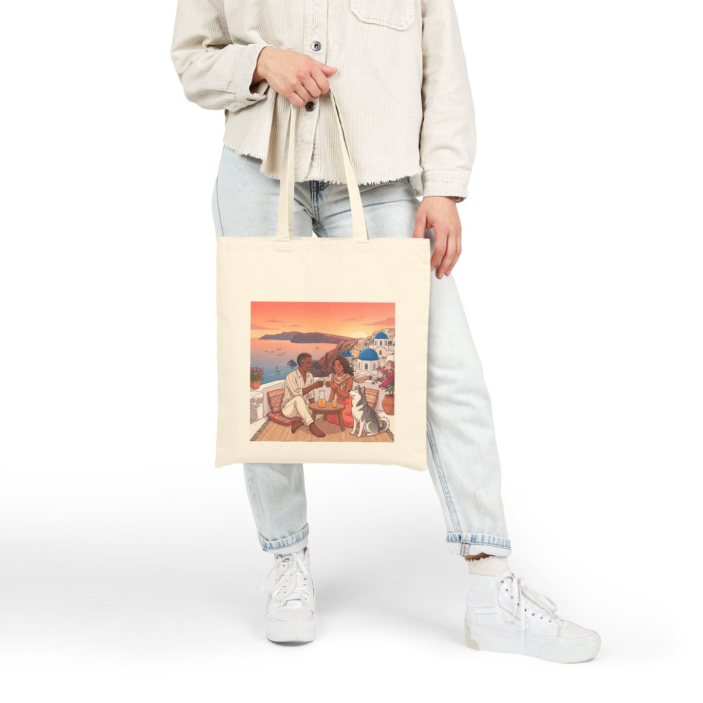 Santorini Sunset Beach Tote — Romantic Couple & Dog Canvas Bag