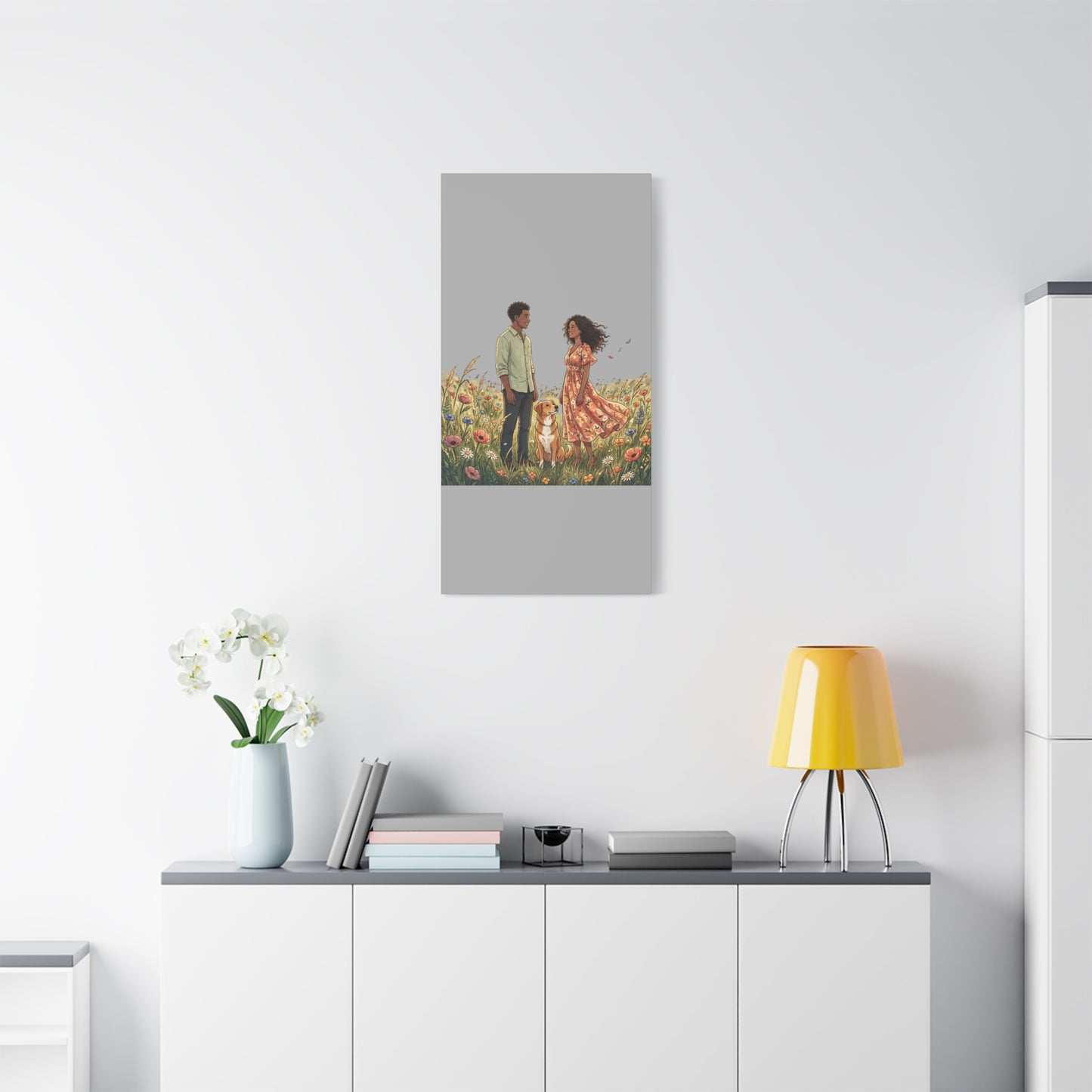 Romantic Couple in Wildflower Field Canvas Art — Black Love Wall Decor with Dog