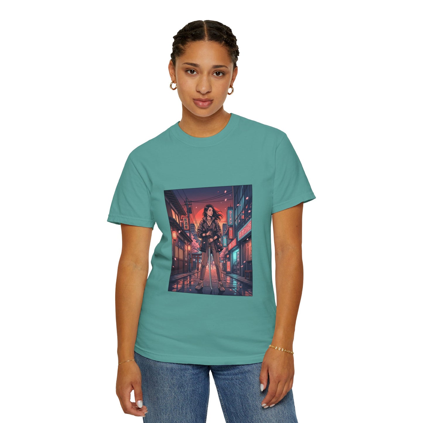Cyberpunk Night Streets T‑Shirt — Neon Samurai Girl Graphic Tee