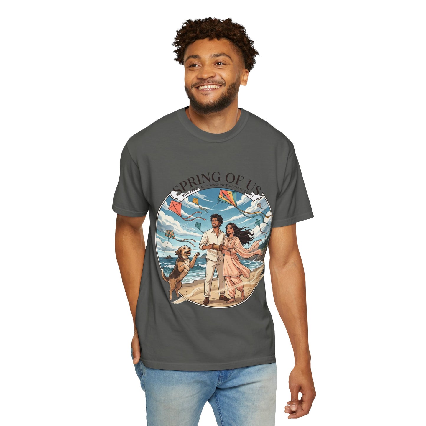 Spring of Us T-Shirt — Romantic Beach Couple Illustration with Dog