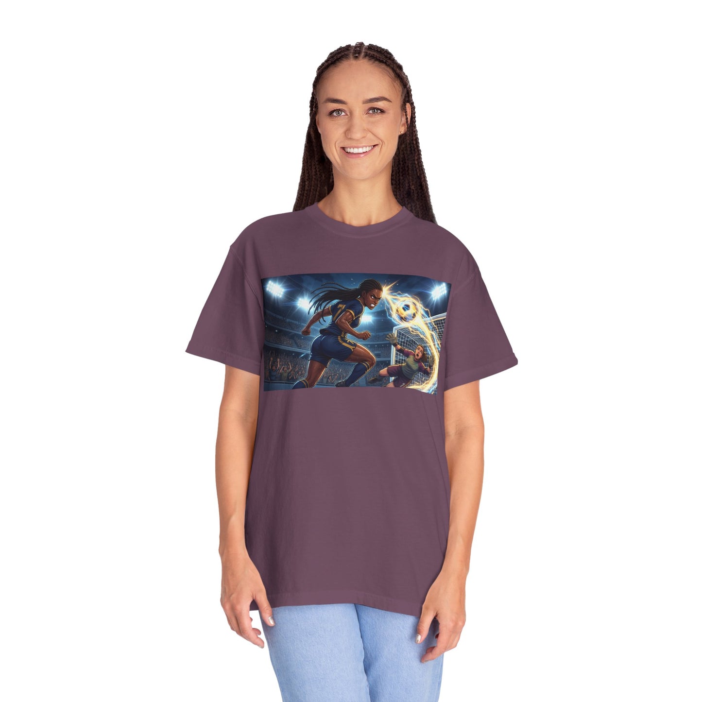 Soccer Duel Graphic T-Shirt — Futuristic Goalkeeper vs Striker Stadium Print