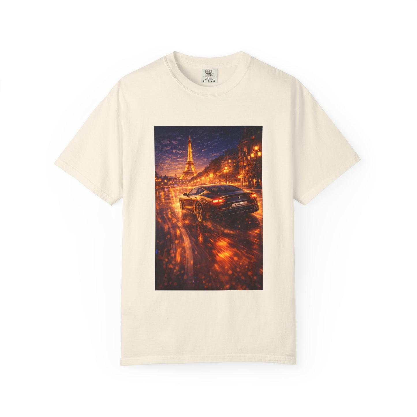 Paris Night Drive T-Shirt — Sports Car in Rainy Cityscape