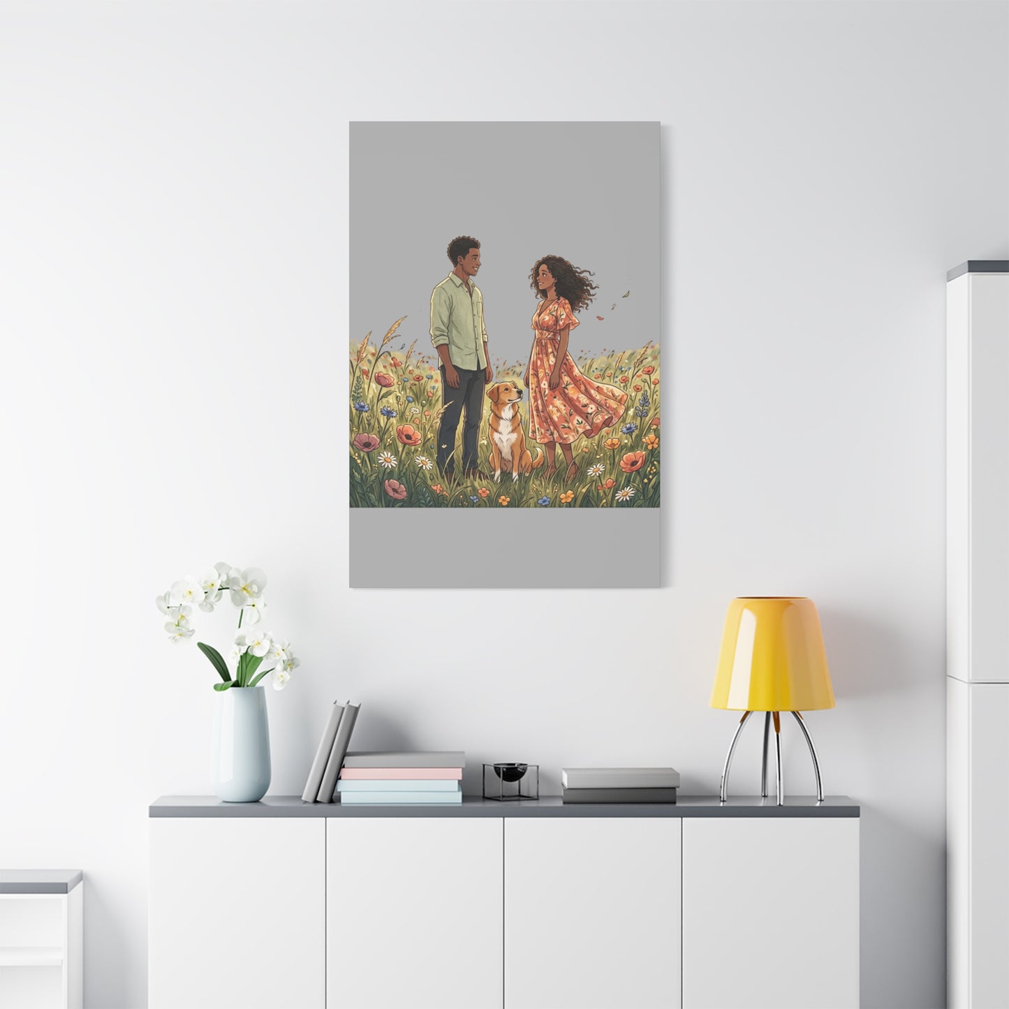 Romantic Couple in Wildflower Field Canvas Art — Black Love Wall Decor with Dog
