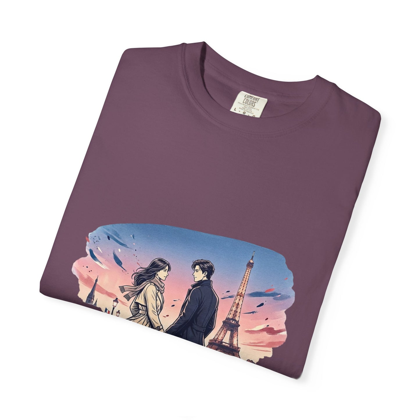 Paris Sunset Romance T-Shirt — Couple Walking by Eiffel Tower Graphic Tee