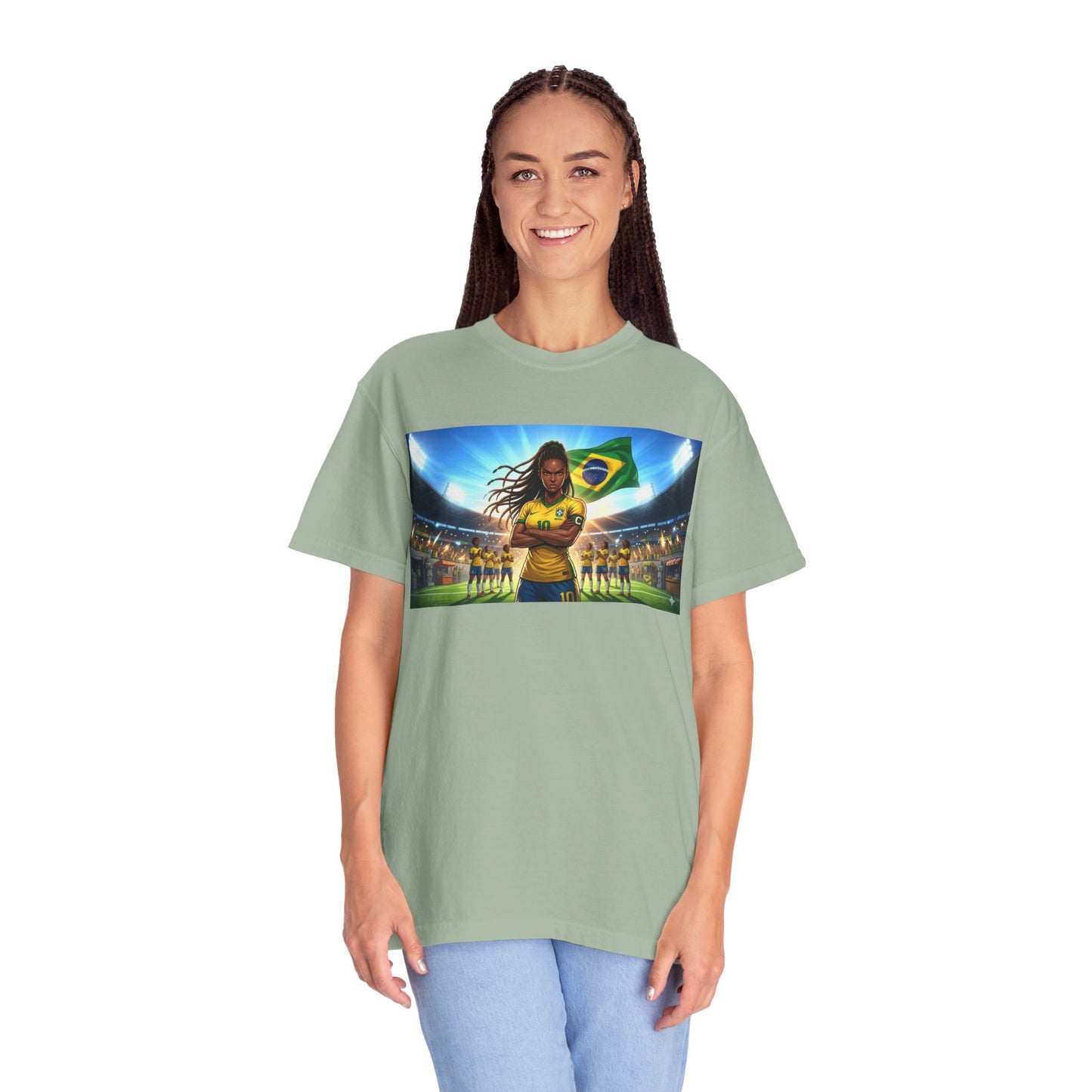 Brazil Soccer Captain T-Shirt — Player Holding Ball with Brazilian Flag Stadium Graphic