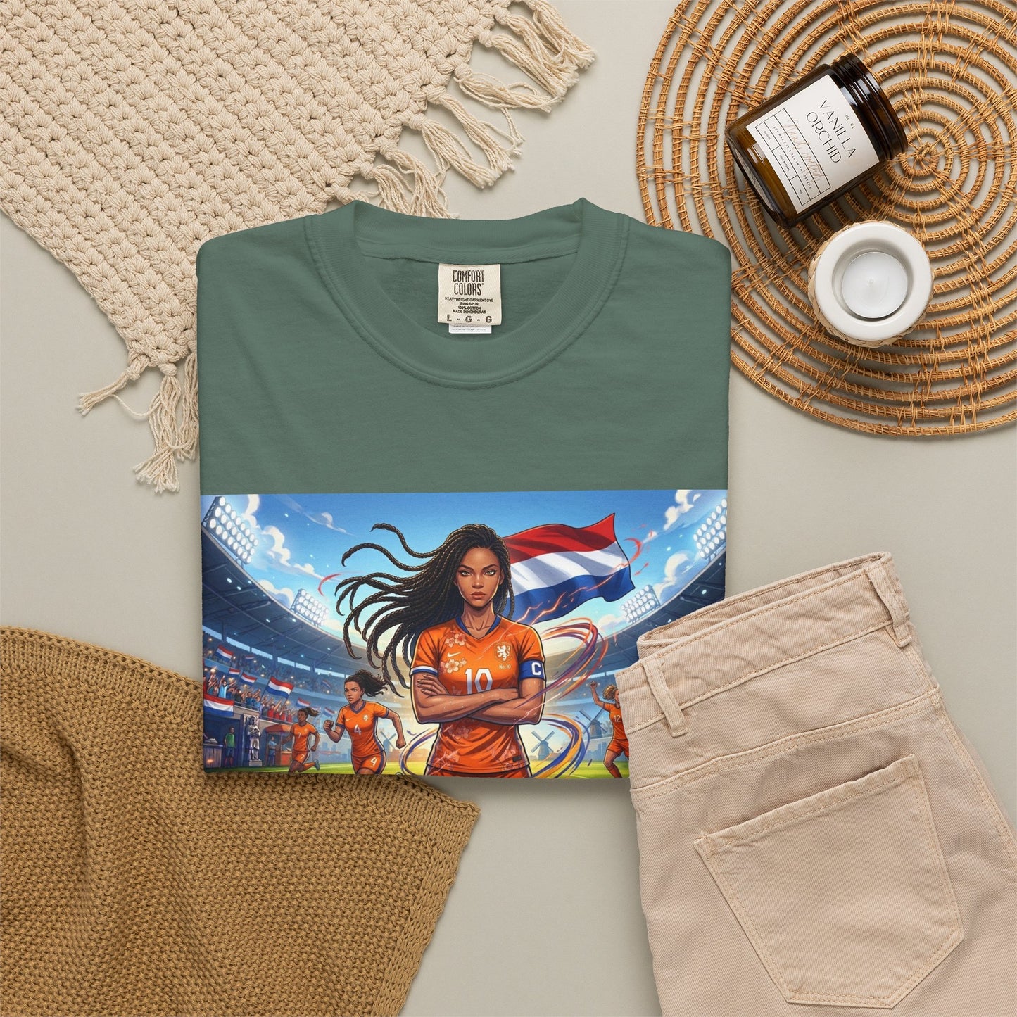 Soccer Warrior T-Shirt — Netherlands Female Captain with Flag Stadium Graphic