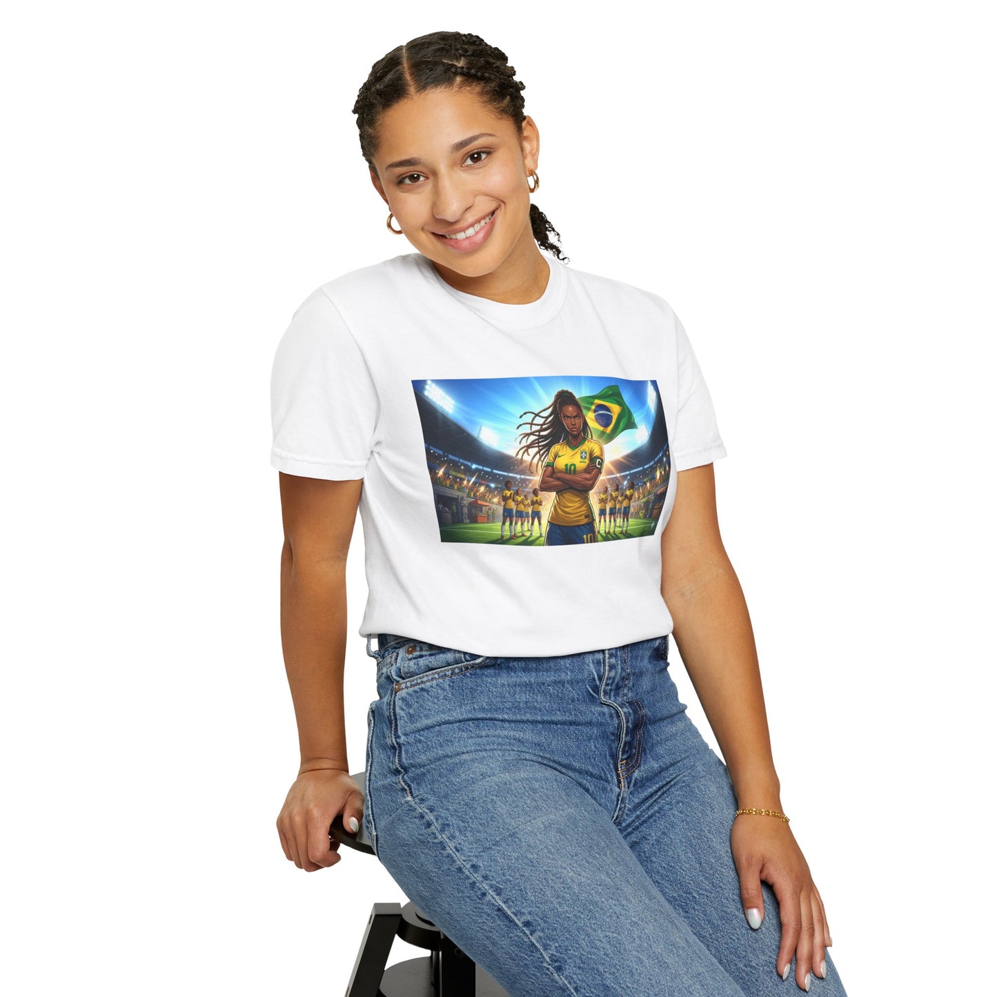 Brazil Soccer Captain T-Shirt — Player Holding Ball with Brazilian Flag Stadium Graphic