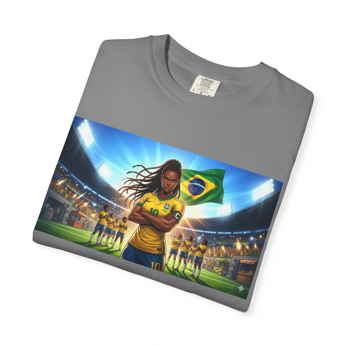 Brazil Soccer Captain T-Shirt — Player Holding Ball with Brazilian Flag Stadium Graphic