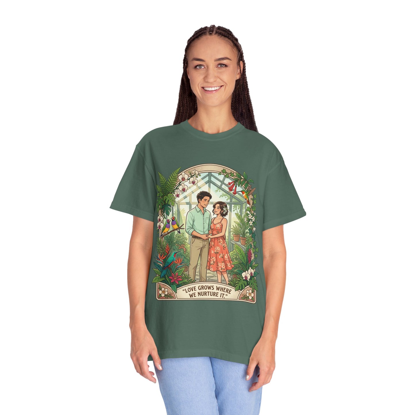 Romantic Greenhouse Couples T-Shirt — “Love Grows Where We Nurture It”