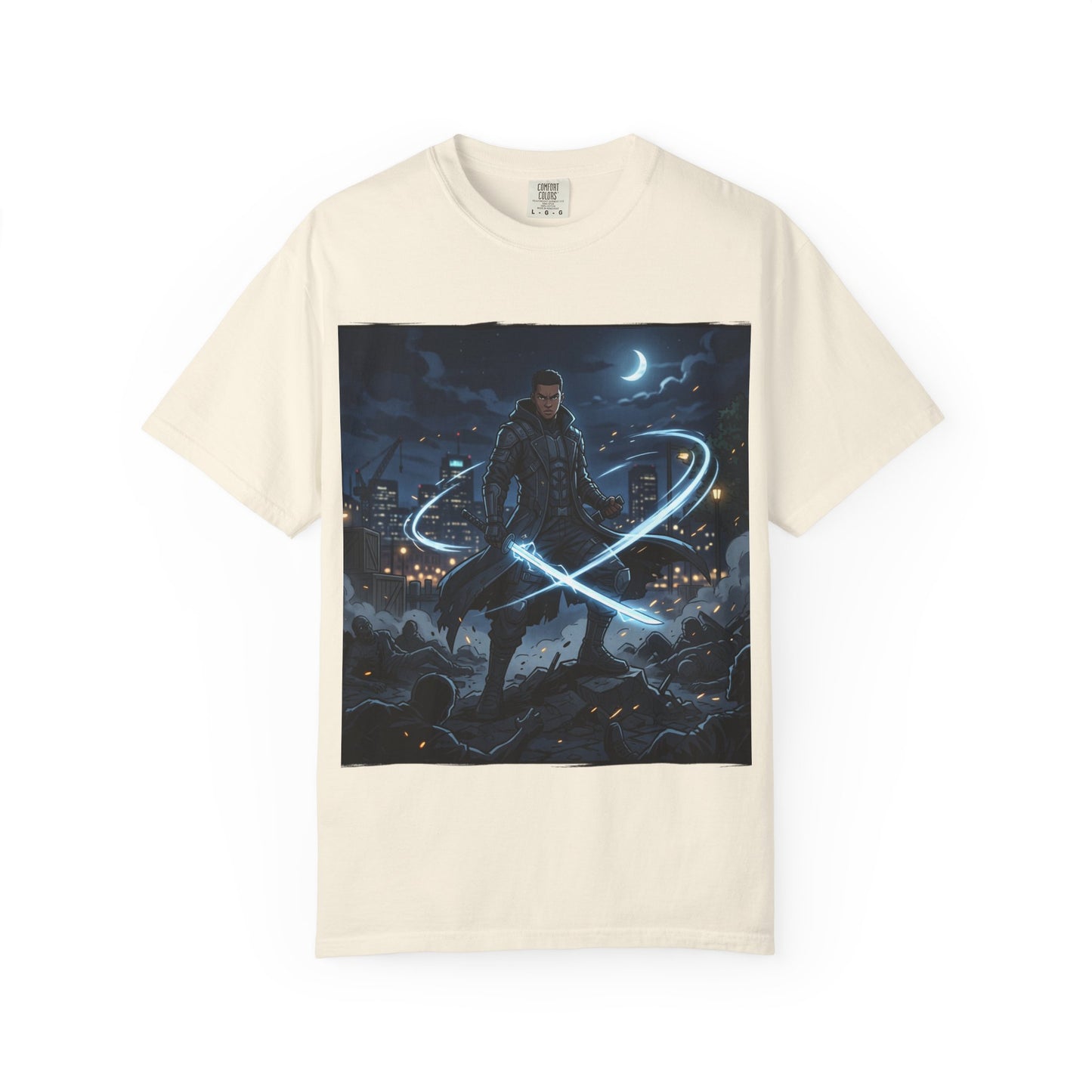 Urban Night Warrior T-Shirt — Neon Samurai Cityscape