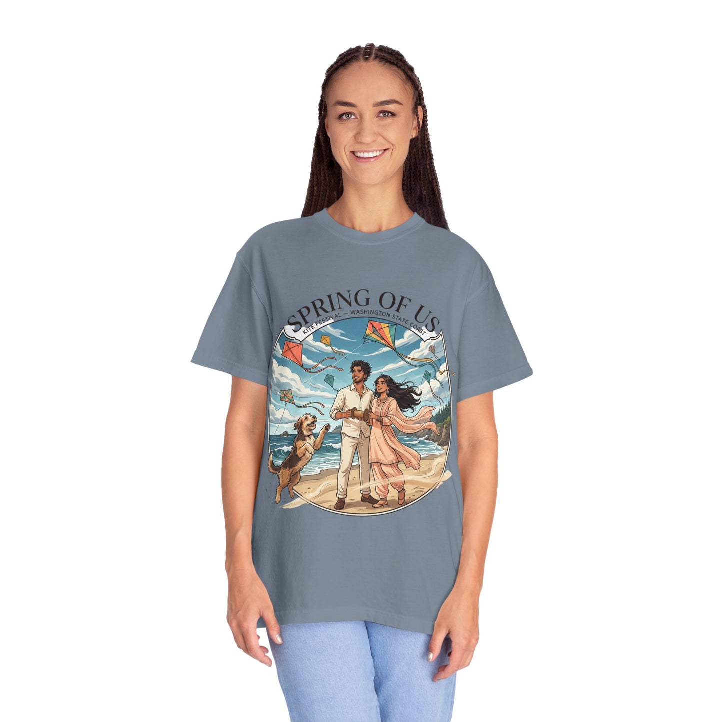 Spring of Us T-Shirt — Romantic Beach Couple Illustration with Dog