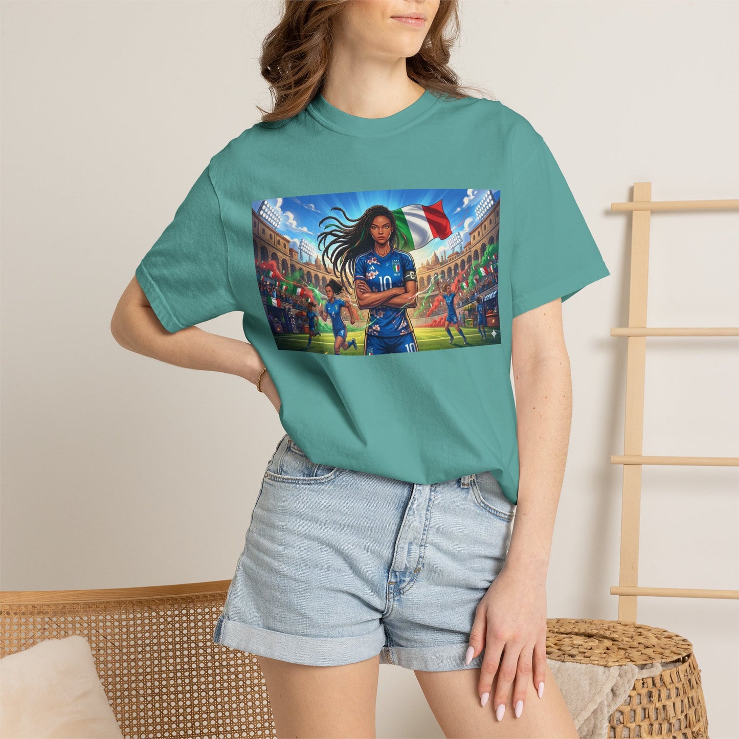 Italian Soccer Fan T‑Shirt – Inspirational Female Player with Italy Flag Stadium Print