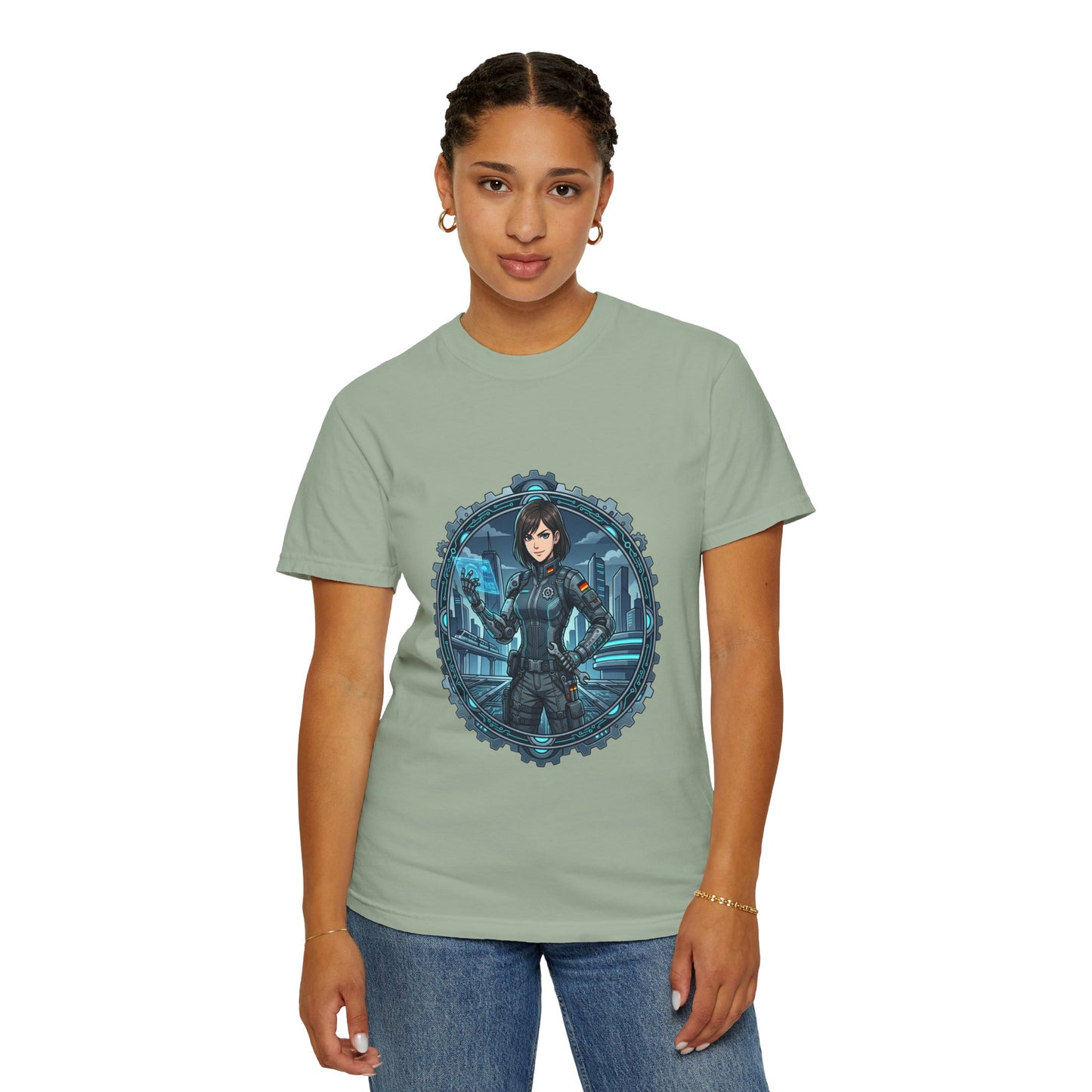 Cyber Ninja Graphic T-Shirt — Futuristic Female Warrior Illustration