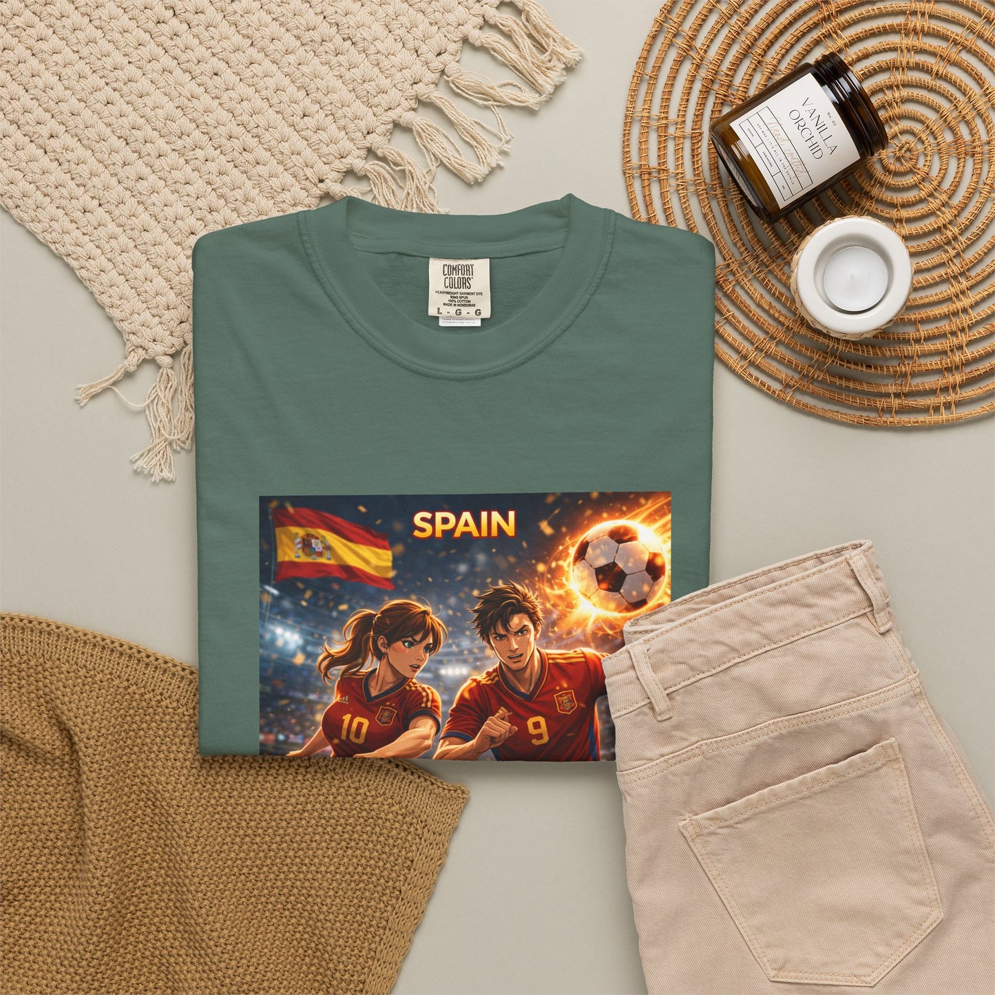 Spain Soccer Graphic T-Shirt — Retro Match Scene with Flag
