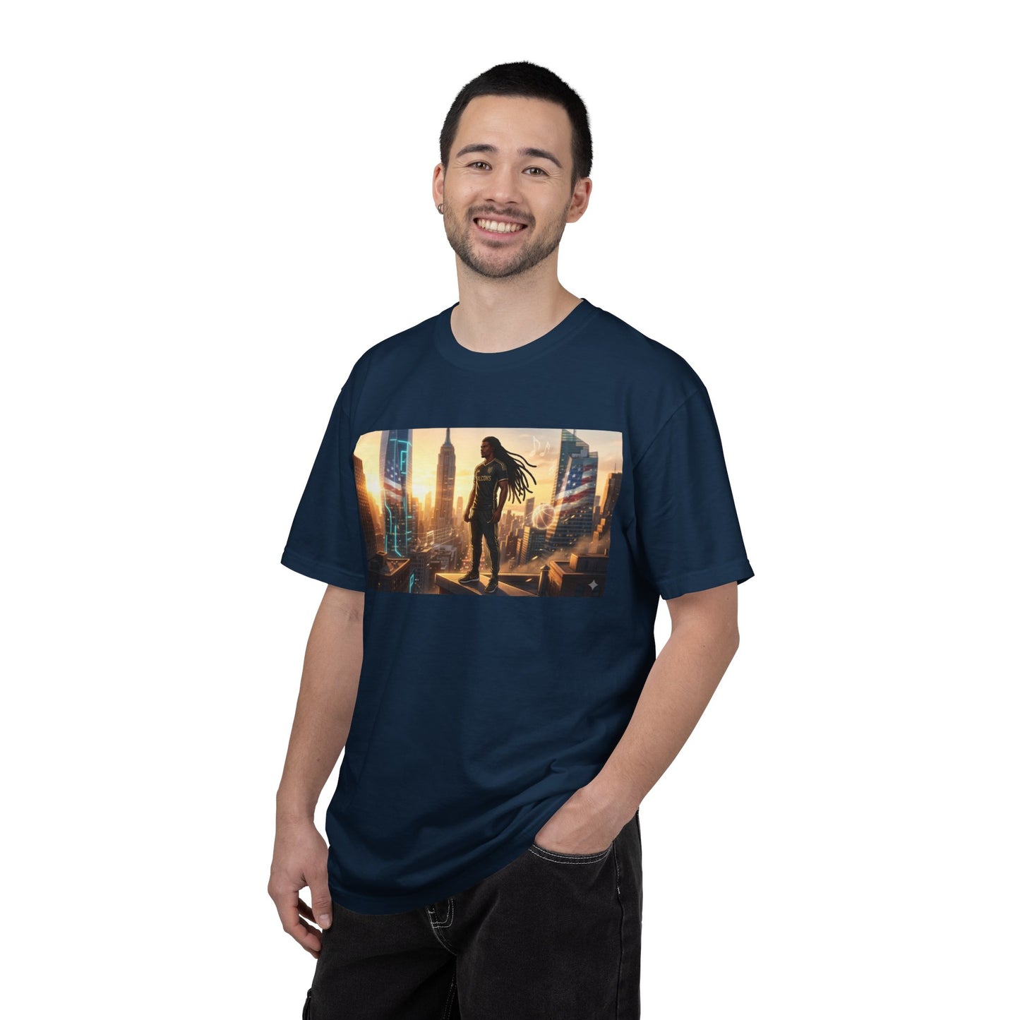 Cyberpunk Cityscape T-Shirt — Silhouette Hero at Sunset