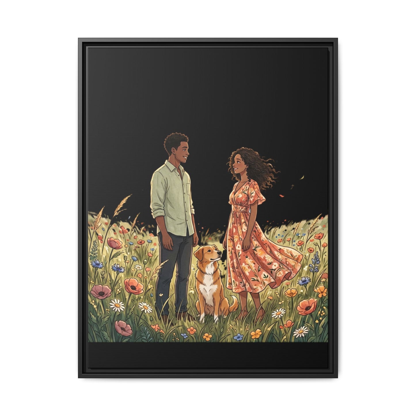 Framed Matte Canvas Print — Romantic Couple in Wildflower Field (Multi‑Color)