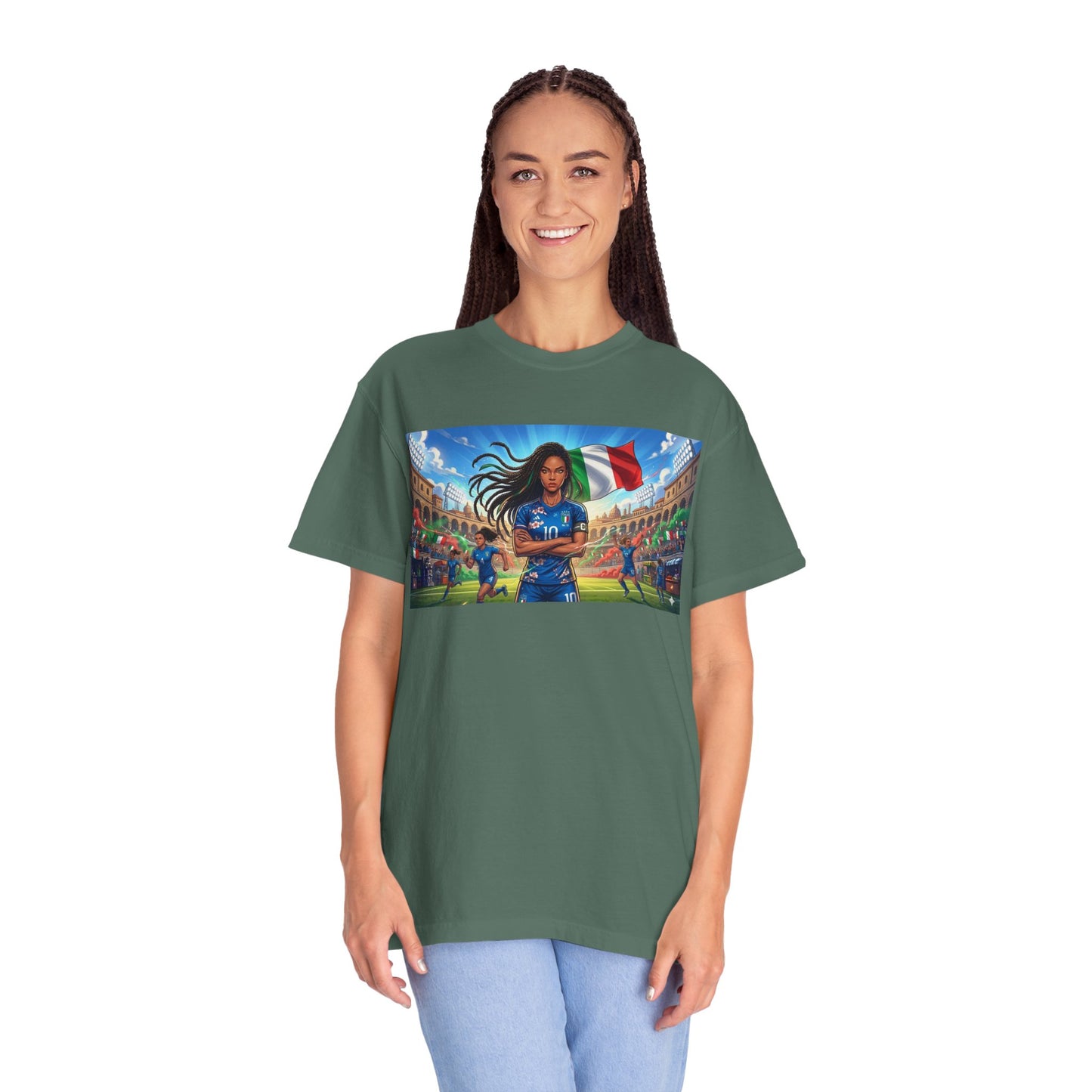 Italian Soccer Fan T‑Shirt – Inspirational Female Player with Italy Flag Stadium Print