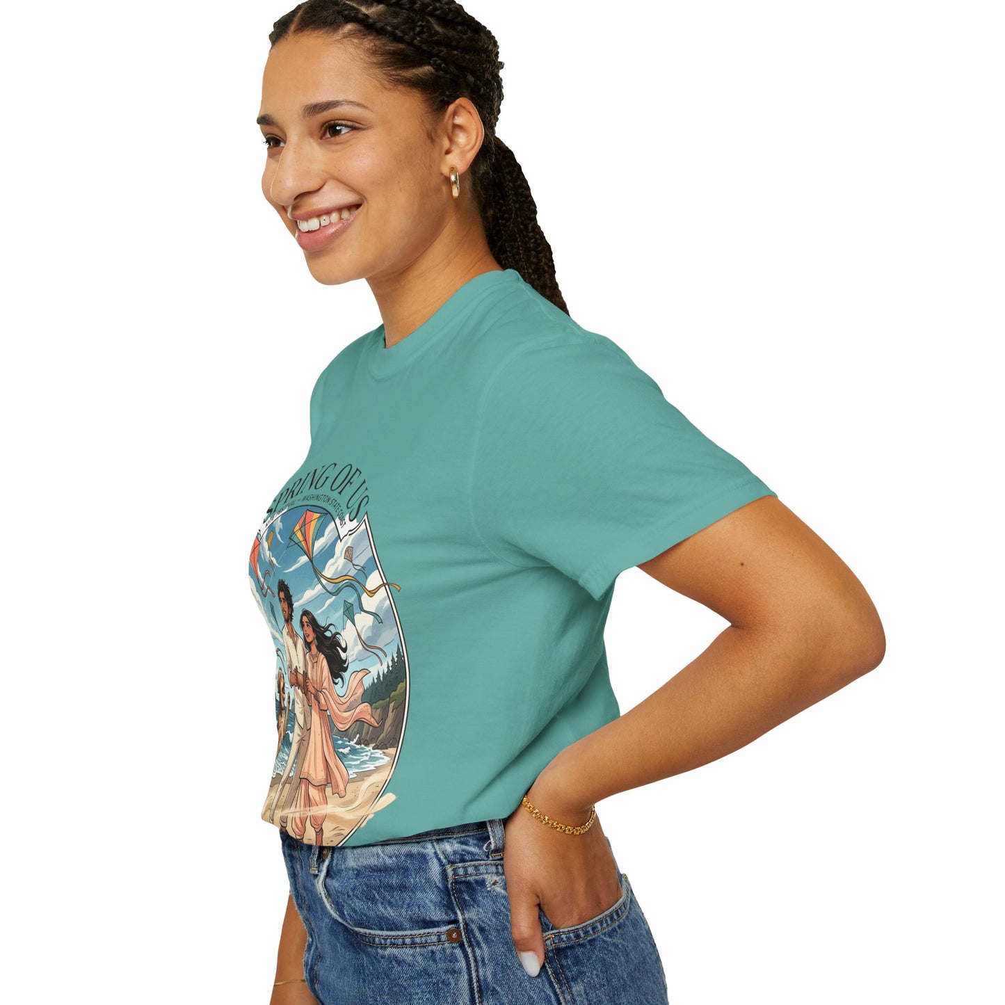 Spring of Us T-Shirt — Romantic Beach Couple Illustration with Dog
