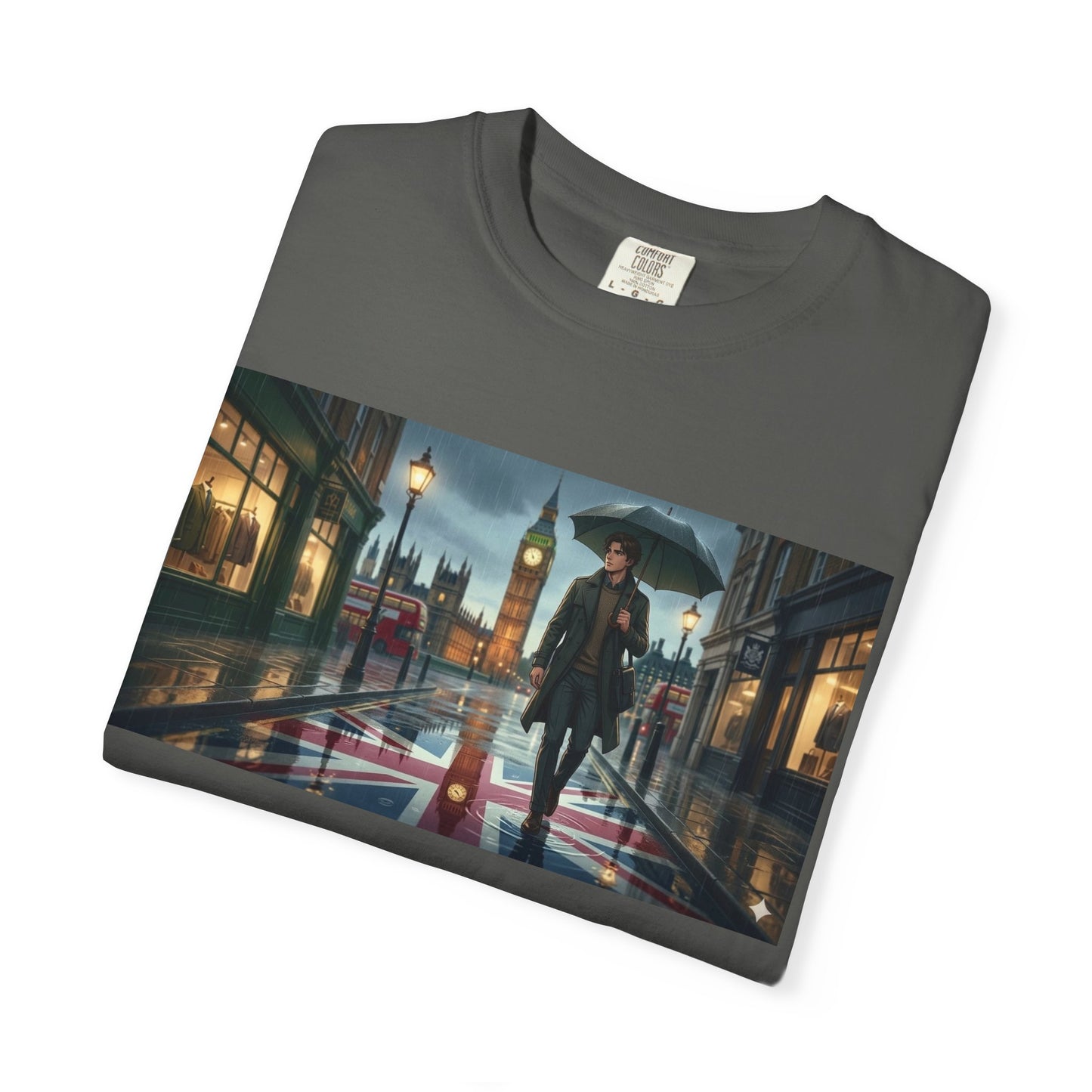 T-Shirt — Rainy London Street Scene Graphic Tee (Big Ben, Umbrella, Night Cityscape)