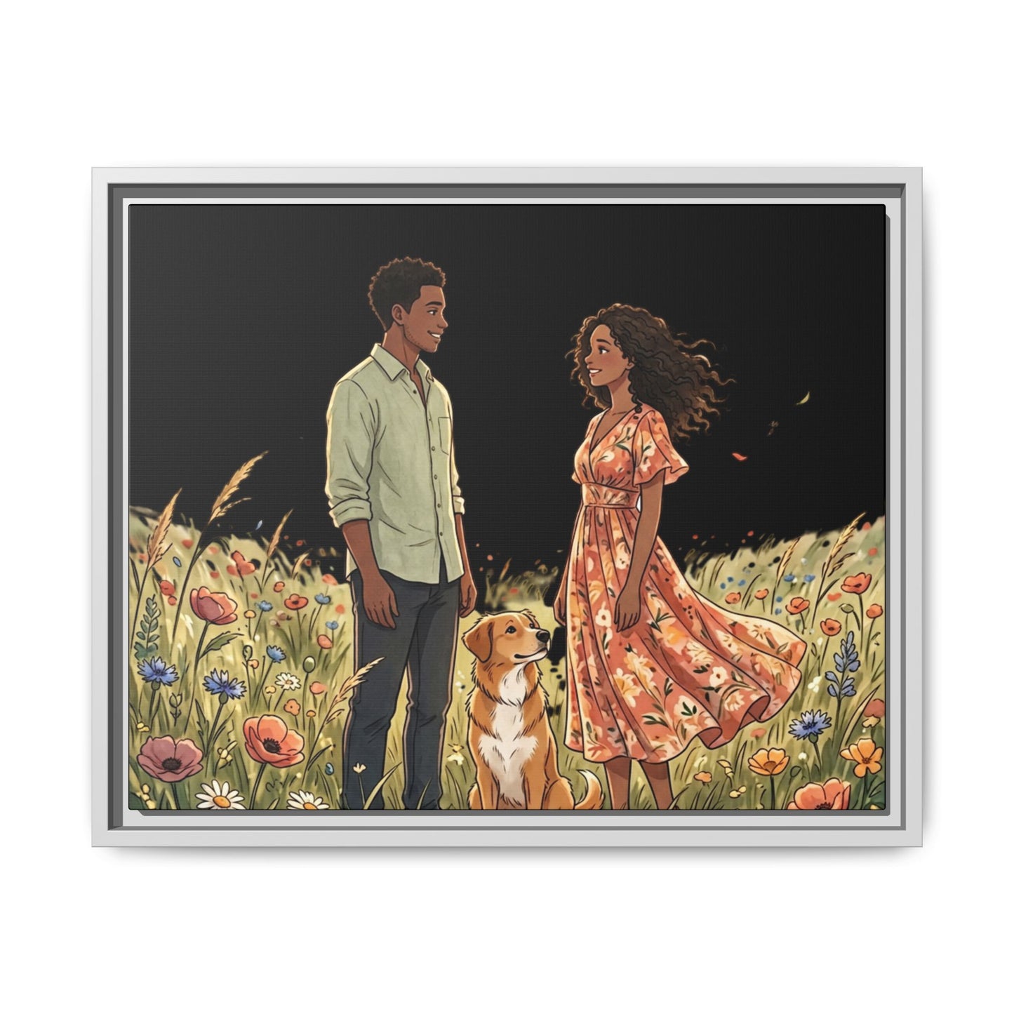 Framed Matte Canvas Print — Romantic Couple in Wildflower Field (Multi‑Color)