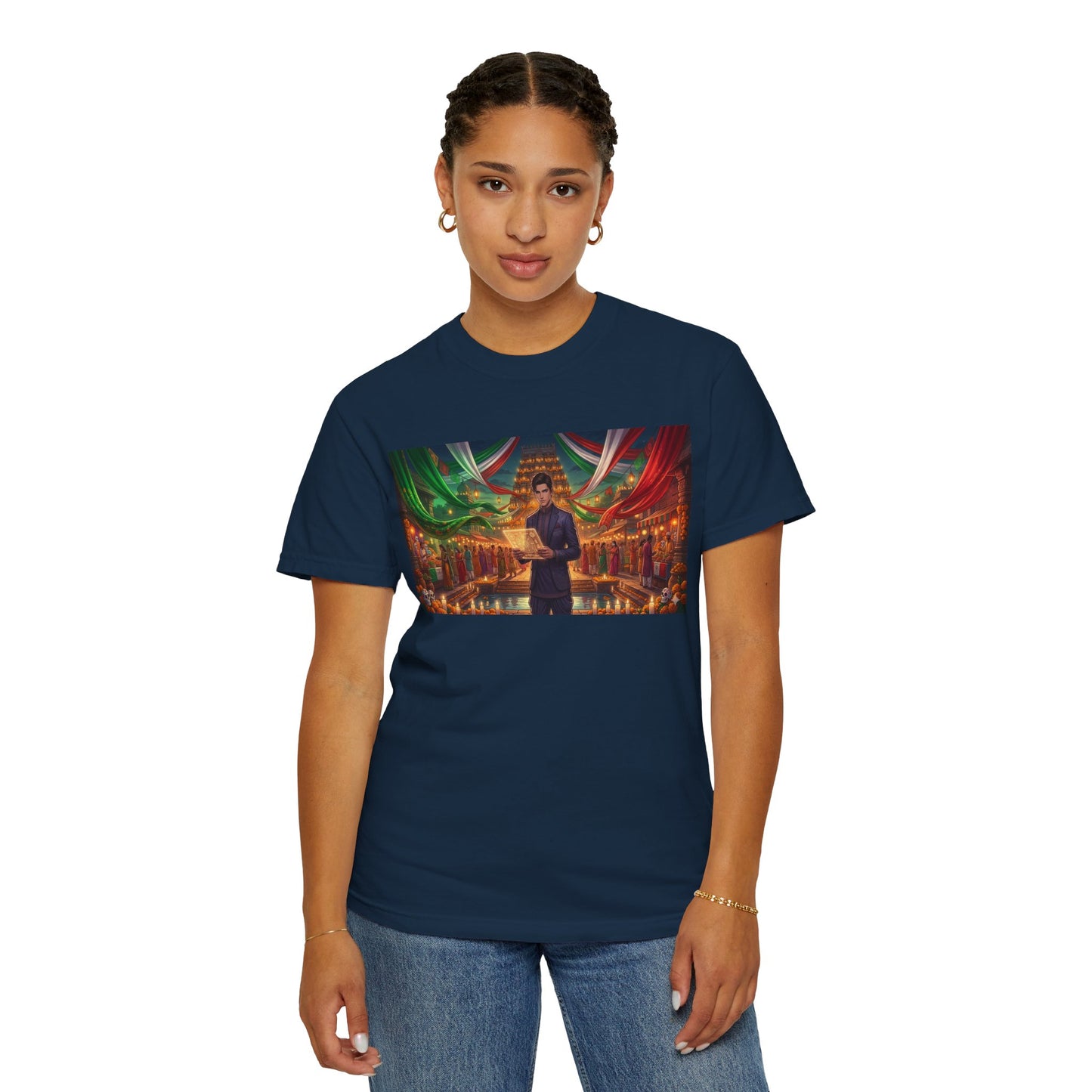 T-Shirt — Dragon Temple Night Scene Graphic Tee (Monk with Dragons)