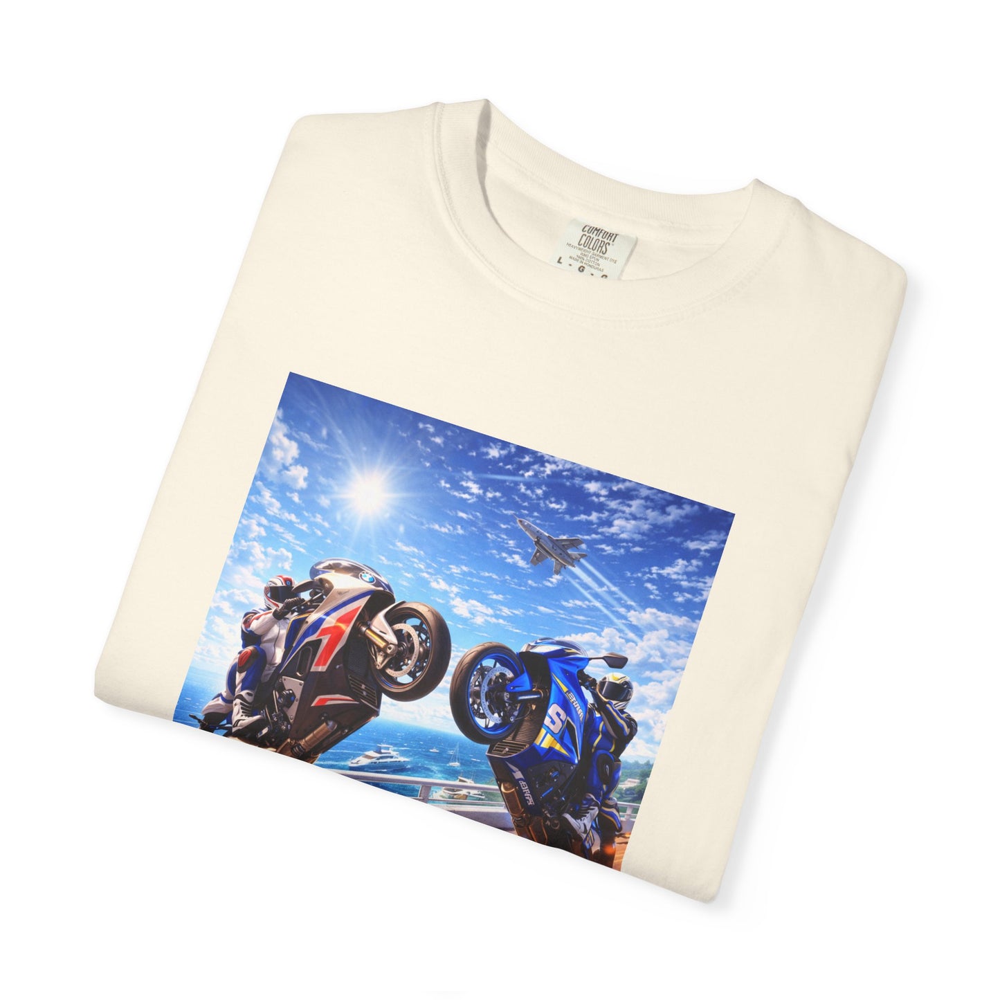Stunt Riders Motorcycle T-Shirt — Two Bike Wheelie Racing Graphic Tee