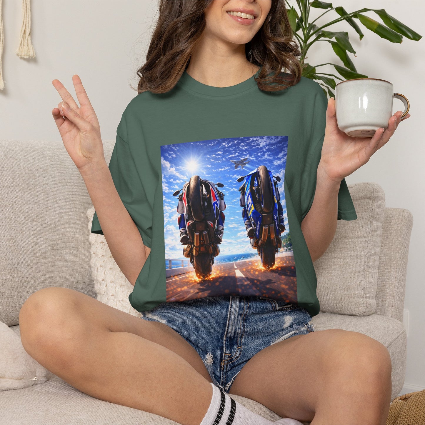 Motorcycle Sunset T-Shirt — Two Bikes Riding Into the Horizon