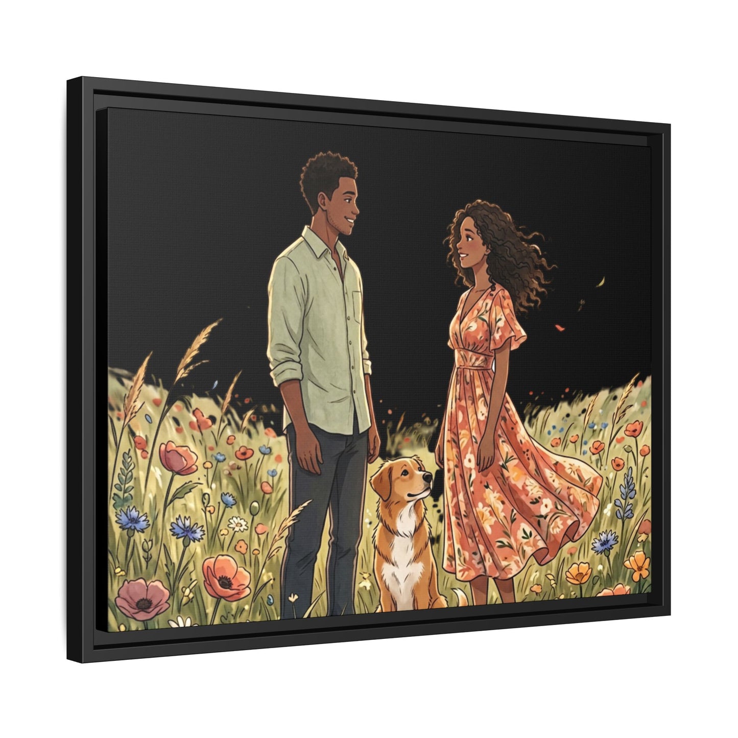 Framed Matte Canvas Print — Romantic Couple in Wildflower Field (Multi‑Color)