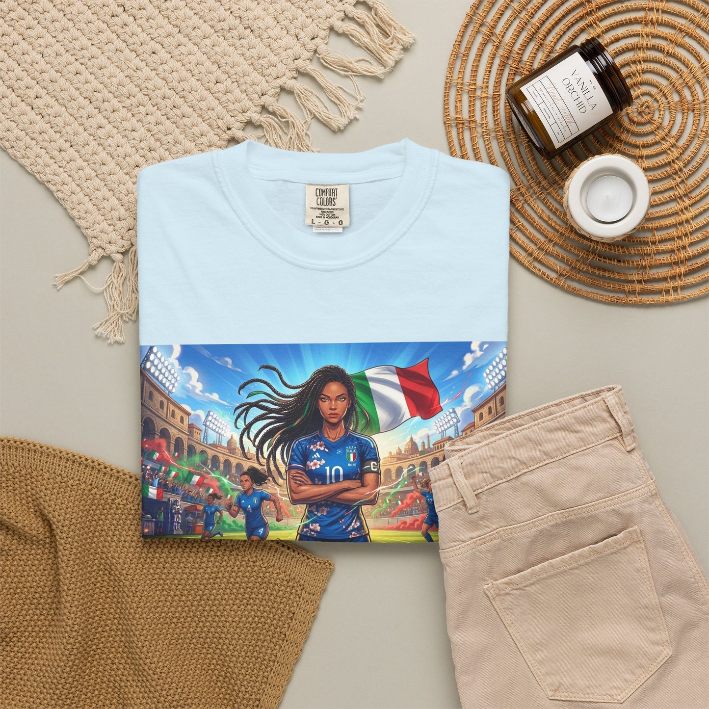 Italian Soccer Fan T‑Shirt – Inspirational Female Player with Italy Flag Stadium Print