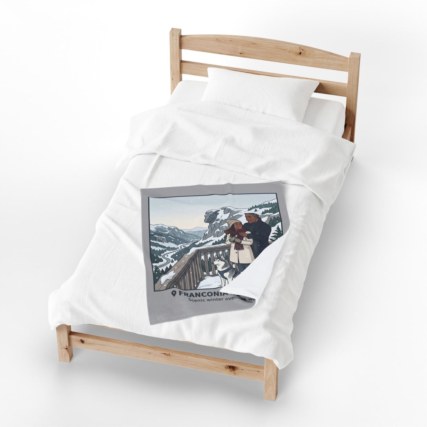 Velveteen Blanket — Franconia Notch NH Winter Scenic Throw with Couple & Husky