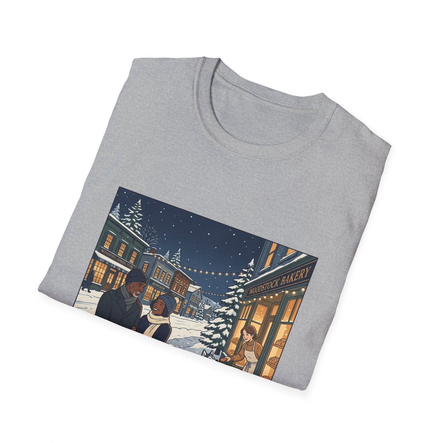 Winter String Lights Stroll T-Shirt — Cozy Holiday Street Scene Graphic Tee