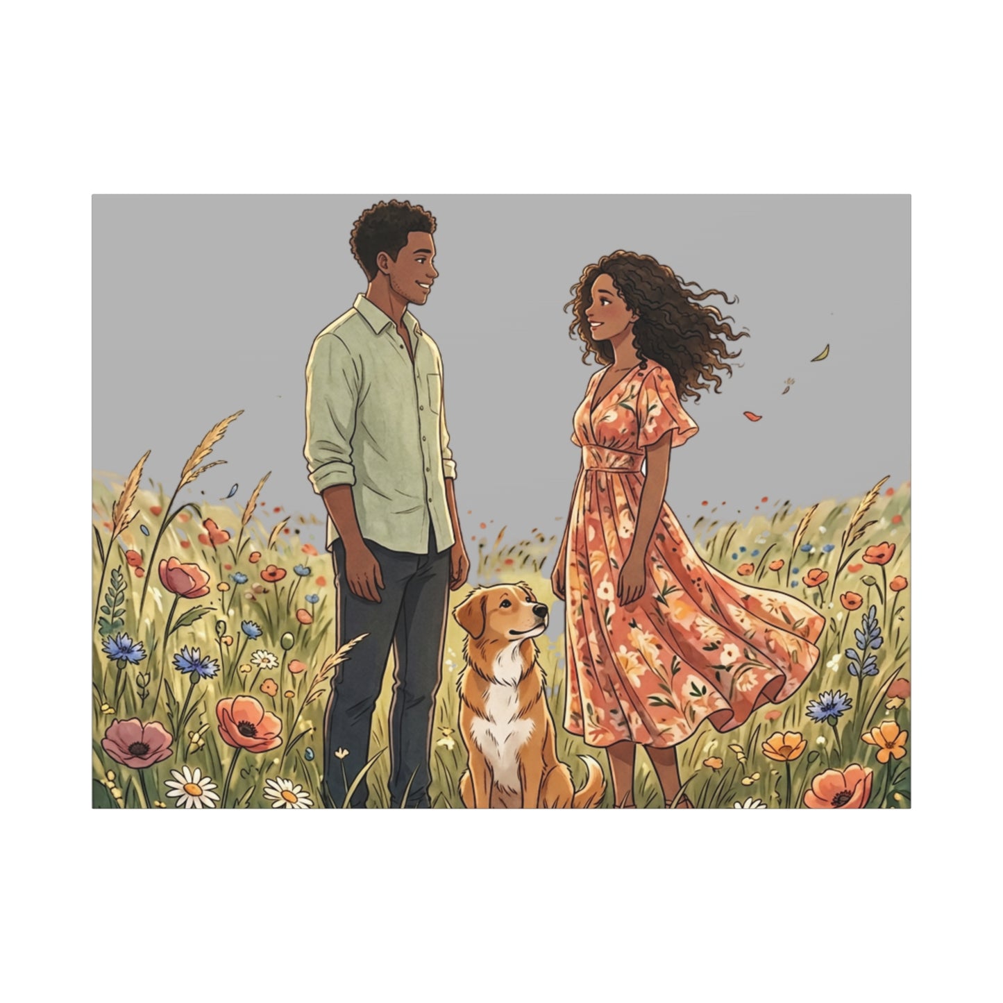 Romantic Couple in Wildflower Field Canvas Art — Black Love Wall Decor with Dog