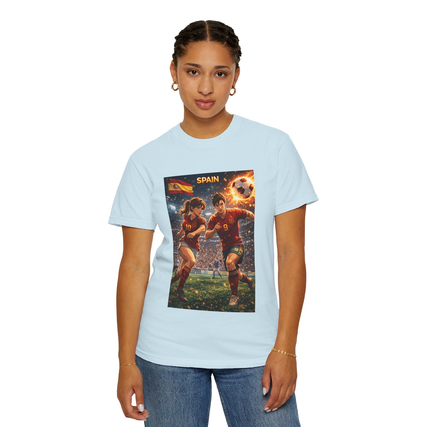 Spain Soccer Graphic T-Shirt — Retro Match Scene with Flag
