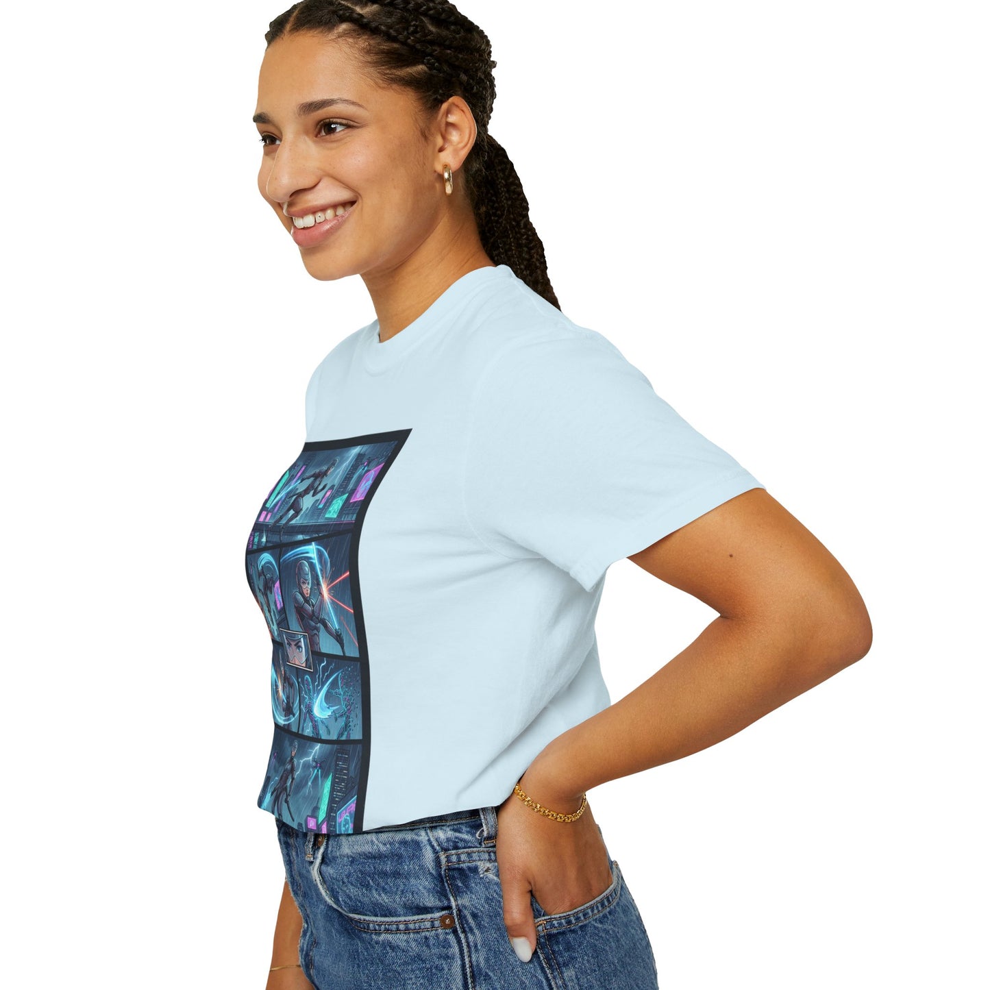 Cyberpunk Girl Samurai T-Shirt — Neon Manga Panel Graphic Tee