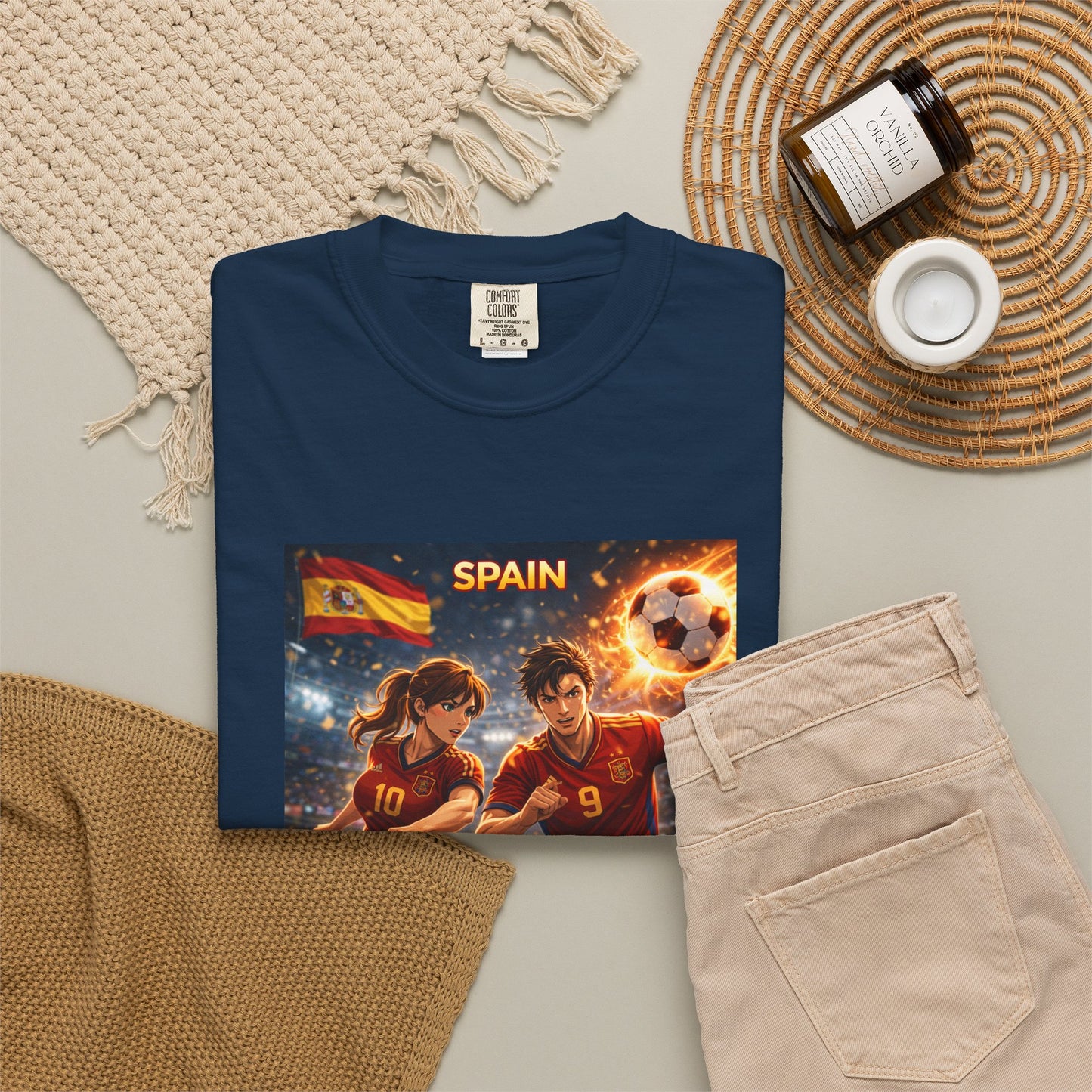 Spain Soccer Graphic T-Shirt — Retro Match Scene with Flag