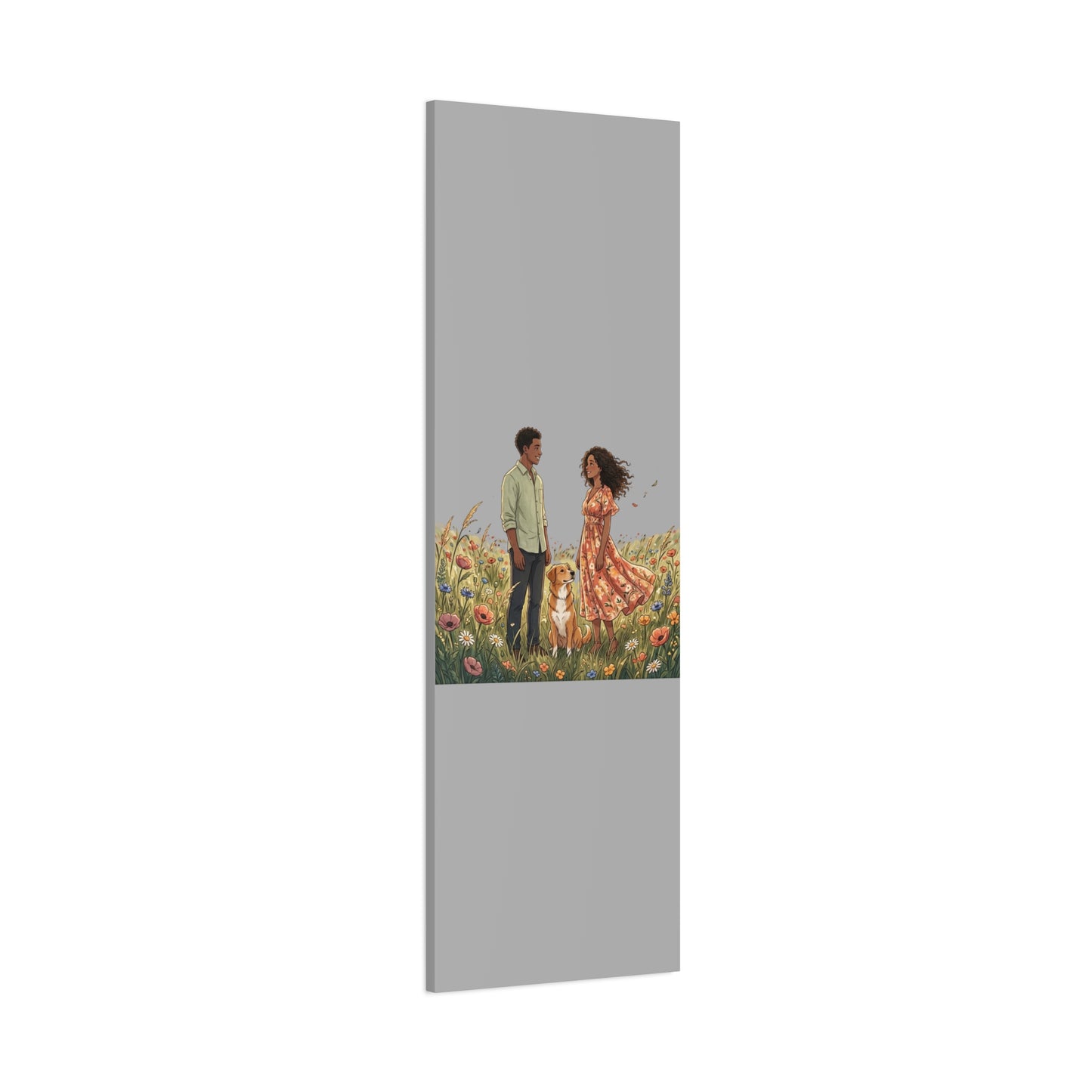 Romantic Couple in Wildflower Field Canvas Art — Black Love Wall Decor with Dog