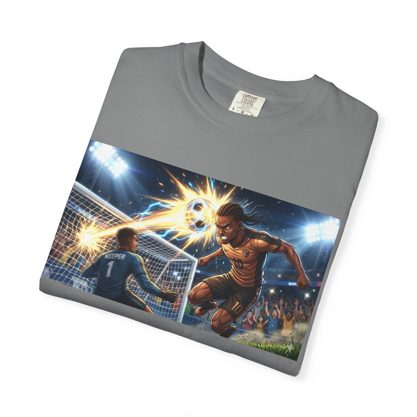 Soccer Goal Celebration T-Shirt — Action Football Scene Graphic Tee