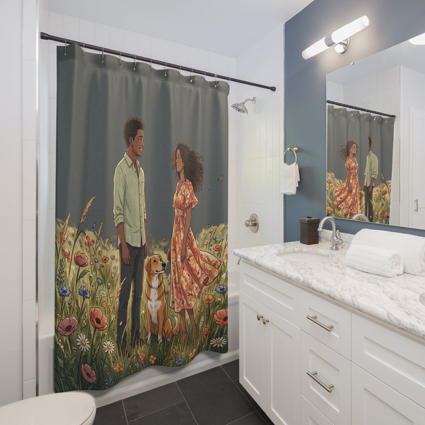 Romantic Meadow Couple Shower Curtain — Floral Fields Bathroom Decor