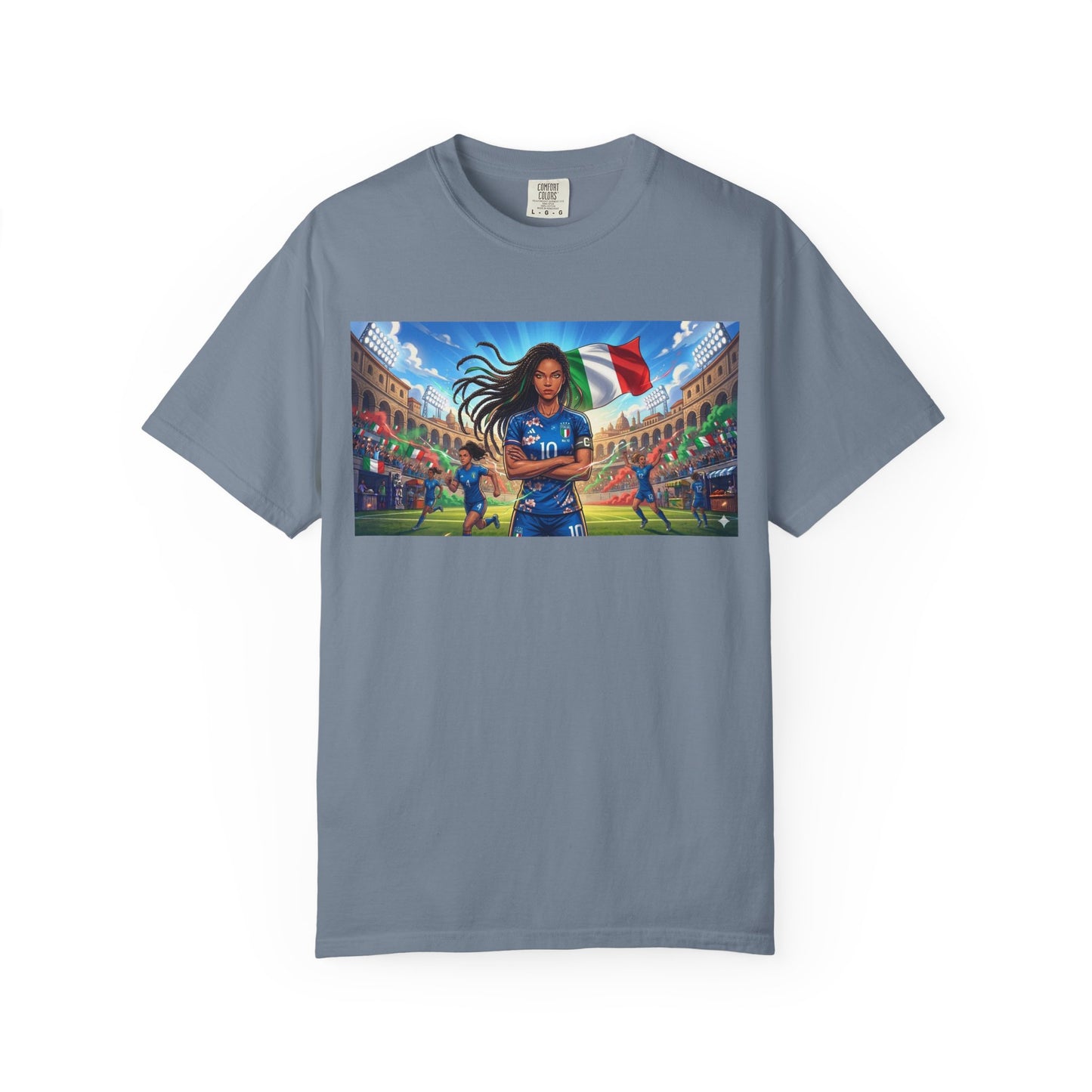 Italian Soccer Fan T‑Shirt – Inspirational Female Player with Italy Flag Stadium Print