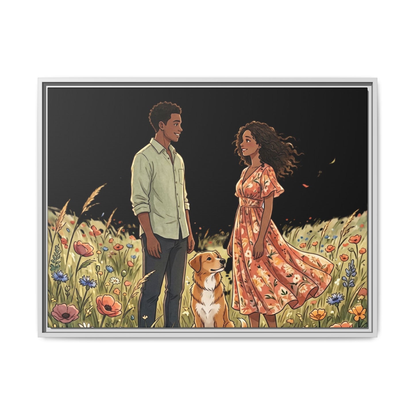 Framed Matte Canvas Print — Romantic Couple in Wildflower Field (Multi‑Color)