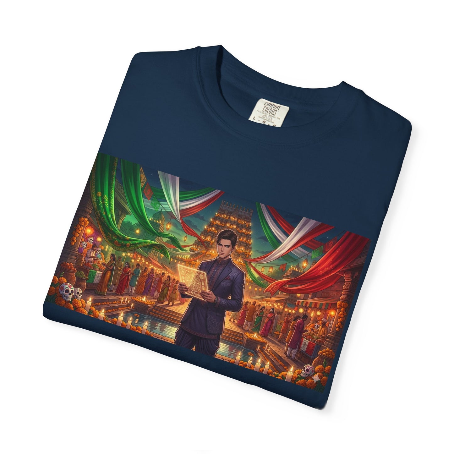 T-Shirt — Dragon Temple Night Scene Graphic Tee (Monk with Dragons)