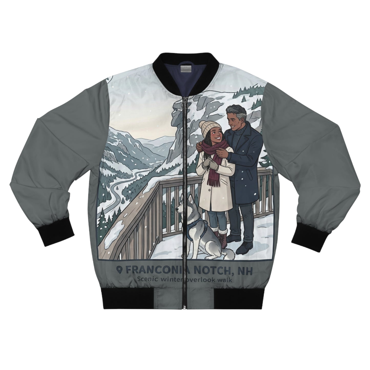 Couple in Snow Bomber Jacket — Winter Scenic AOP Outerwear