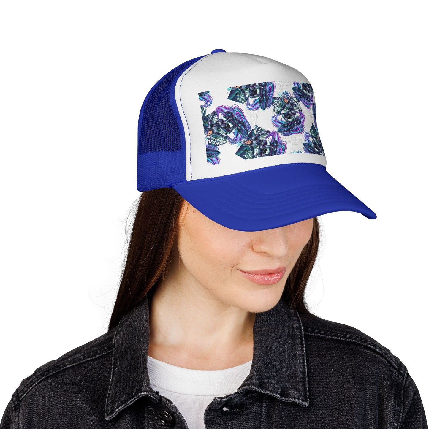 Abstract Amethyst Crystal Trucker Cap — Violet Geode Pattern Mesh Hat