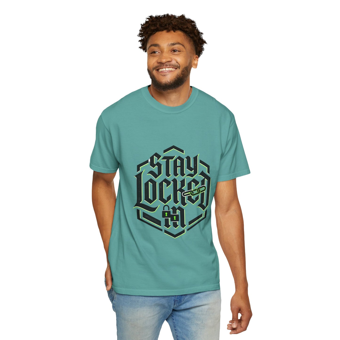 Stay Locked In T-Shirt — Bold Gothic Logo Tee