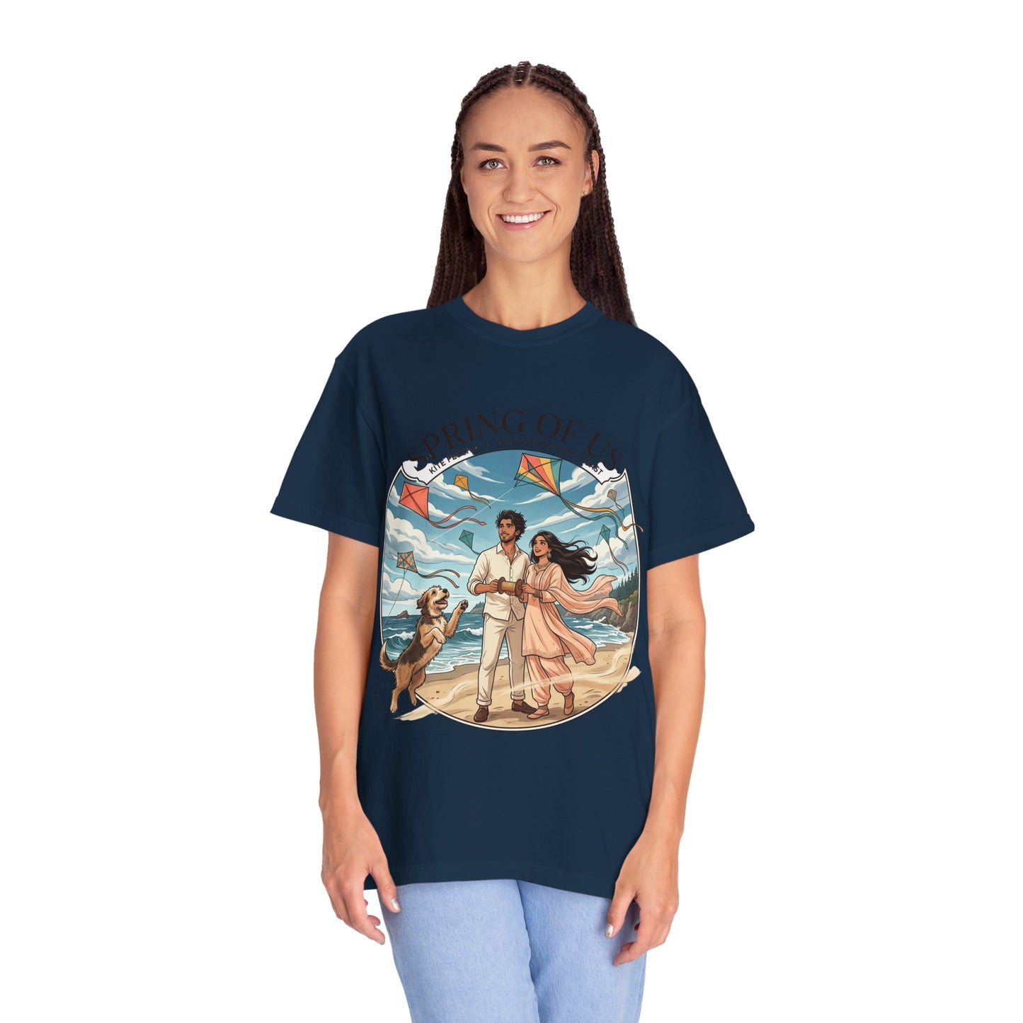 Spring of Us T-Shirt — Romantic Beach Couple Illustration with Dog