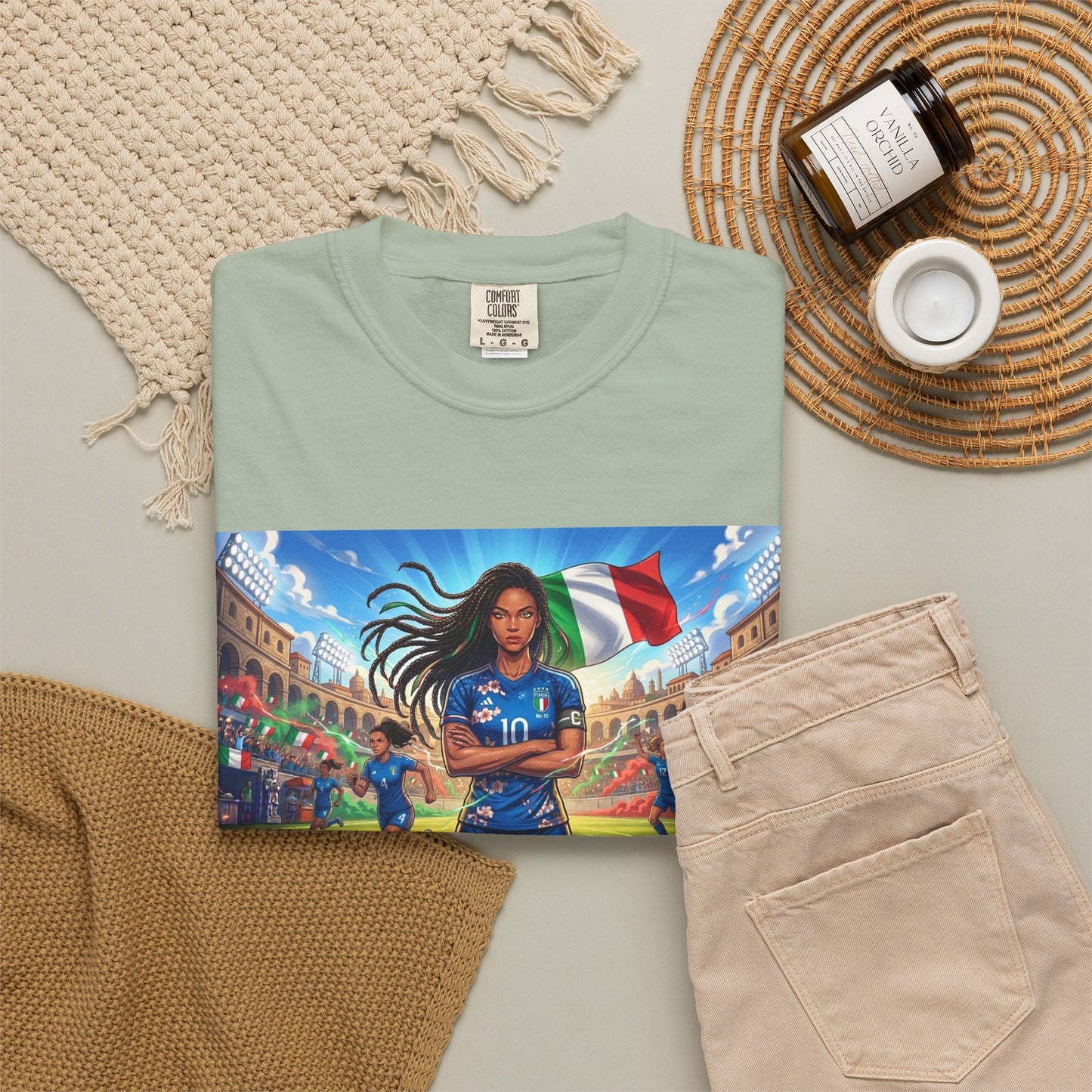 Italian Soccer Fan T‑Shirt – Inspirational Female Player with Italy Flag Stadium Print