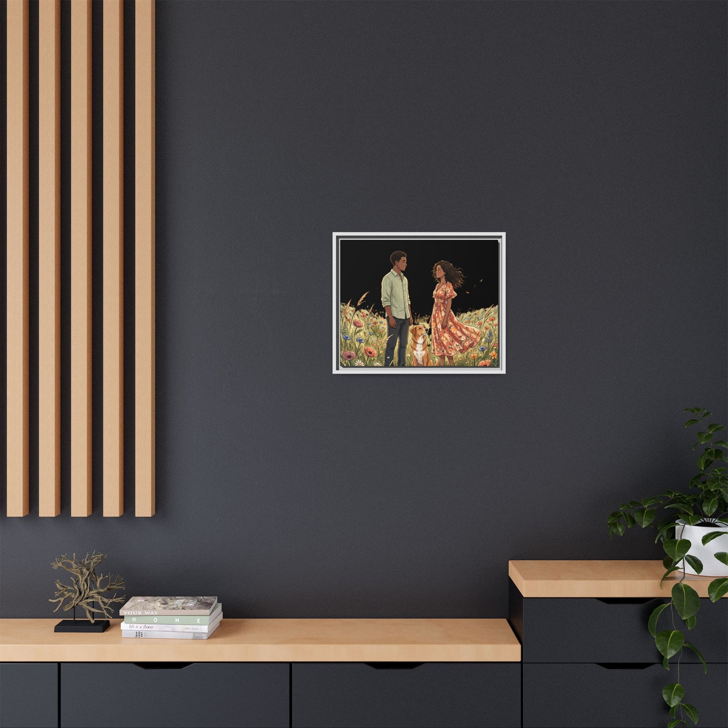 Framed Matte Canvas Print — Romantic Couple in Wildflower Field (Multi‑Color)